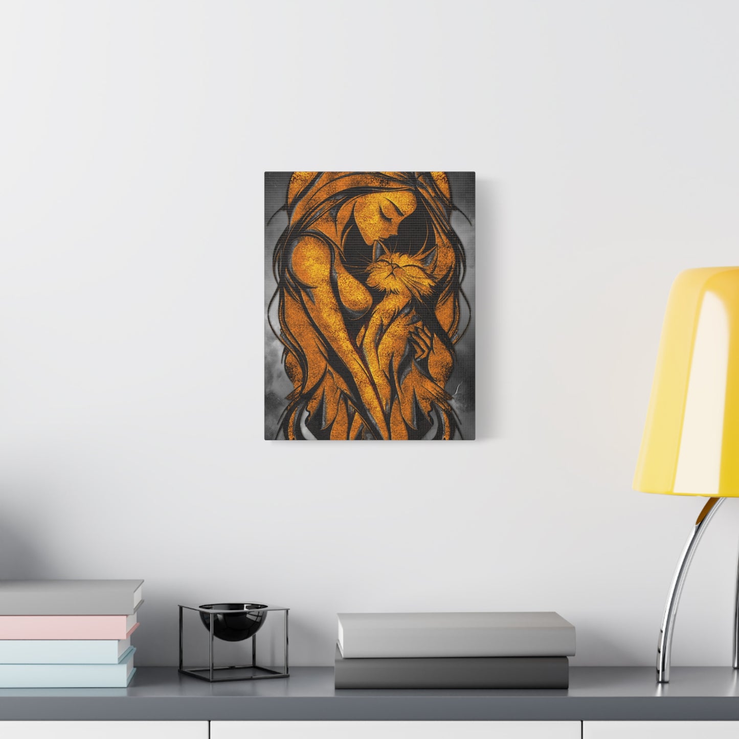 A Vertical Canvas Wall Print, Golden Woman Hugging Cat, Home Decor Wall Art, Matte Print, Stretched Canvas, Gift for Cat Lovers, Wall Decor.