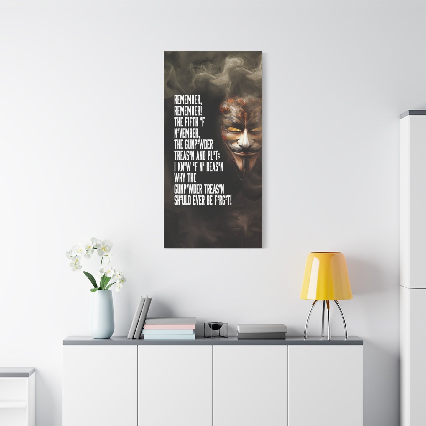 A Vertical Canvas Print of - Guy Fawkes Art, 5th of November Matte Stretched; Wall Decor, Rebel Vibe, Home Office Decor, Gift for History Buffs,