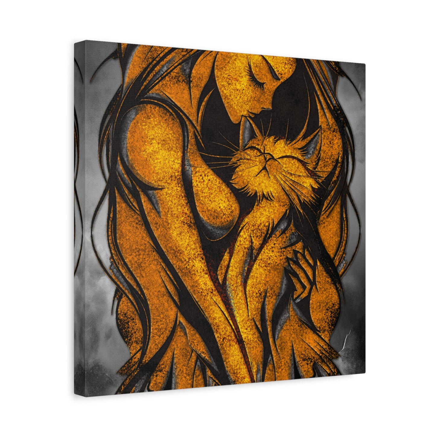 A Vertical Canvas Wall Print, Golden Woman Hugging Cat, Home Decor Wall Art, Matte Print, Stretched Canvas, Gift for Cat Lovers, Wall Decor.