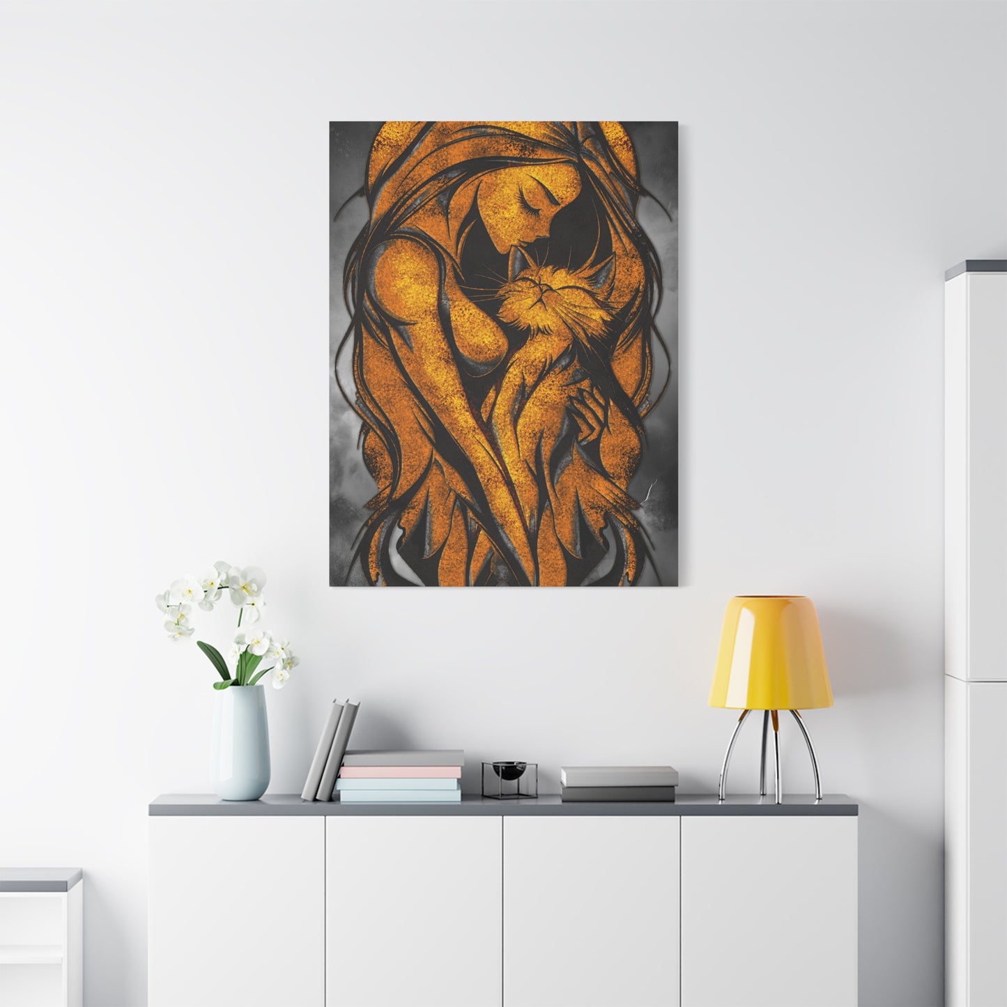 A Vertical Canvas Wall Print, Golden Woman Hugging Cat, Home Decor Wall Art, Matte Print, Stretched Canvas, Gift for Cat Lovers, Wall Decor.