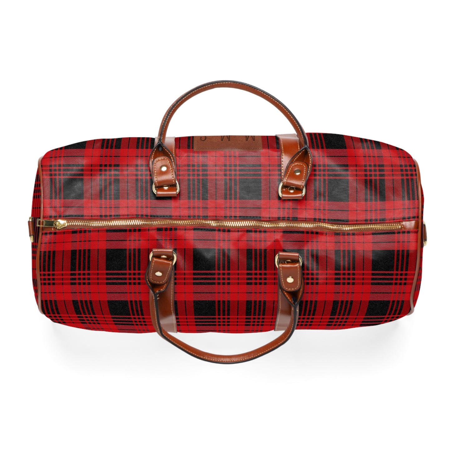 A Custom Plaid Waterproof Travel Bag - Black and Red Plaid Design.
