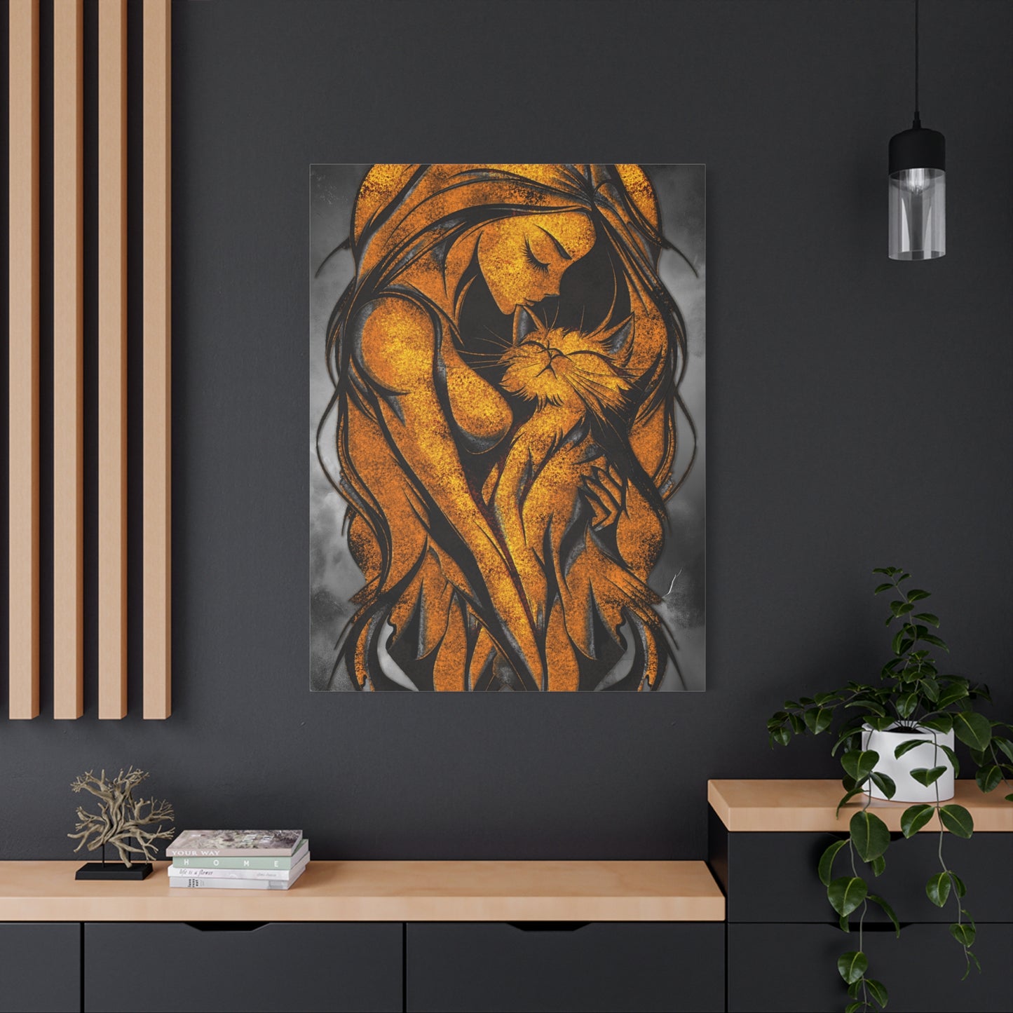 A Vertical Canvas Wall Print, Golden Woman Hugging Cat, Home Decor Wall Art, Matte Print, Stretched Canvas, Gift for Cat Lovers, Wall Decor.