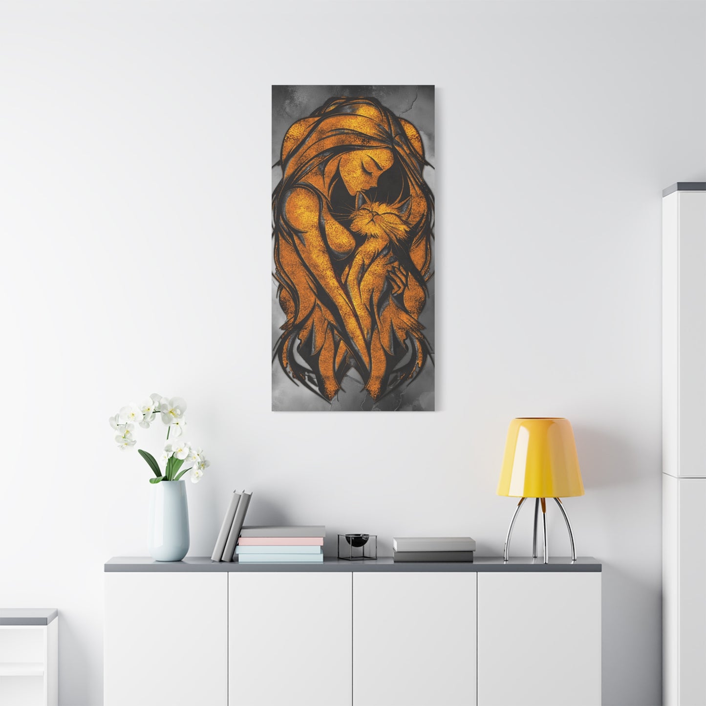 A Vertical Canvas Wall Print, Golden Woman Hugging Cat, Home Decor Wall Art, Matte Print, Stretched Canvas, Gift for Cat Lovers, Wall Decor.
