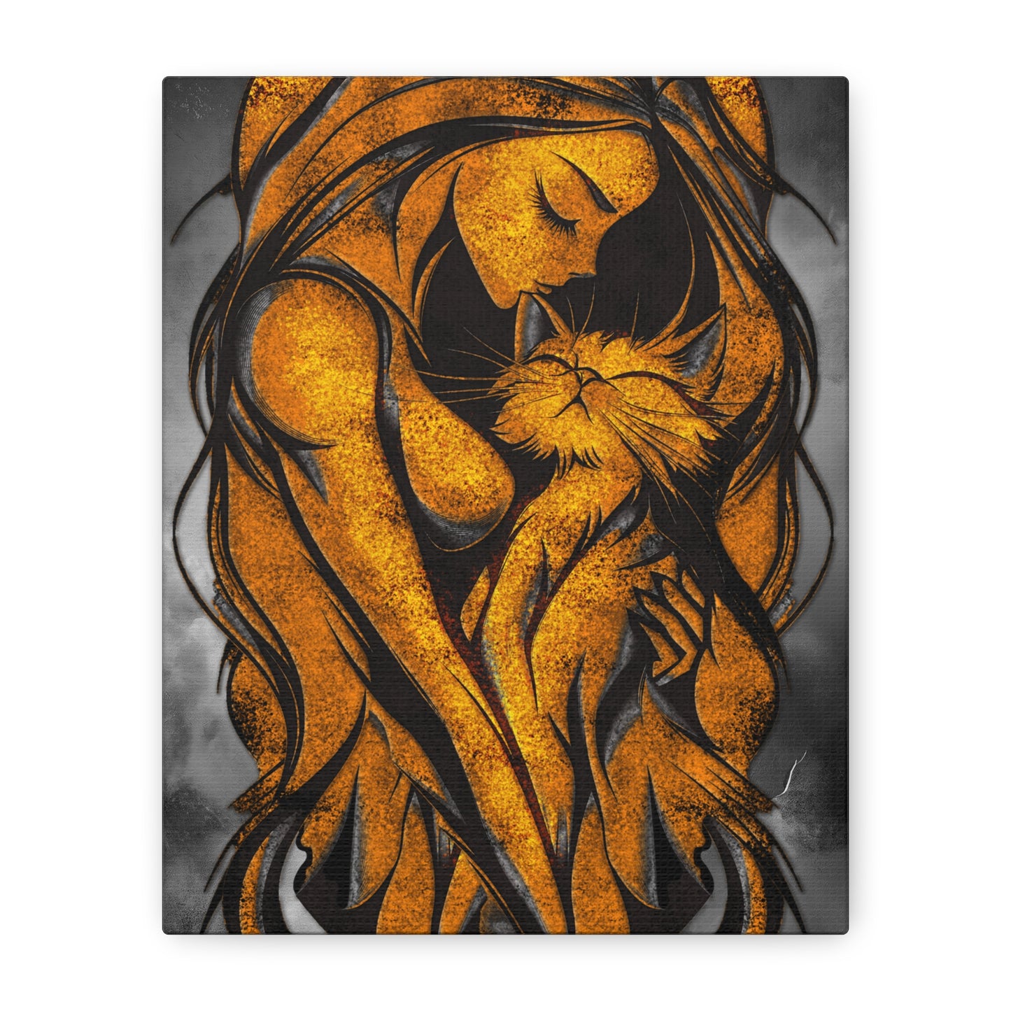 A Vertical Canvas Wall Print, Golden Woman Hugging Cat, Home Decor Wall Art, Matte Print, Stretched Canvas, Gift for Cat Lovers, Wall Decor.
