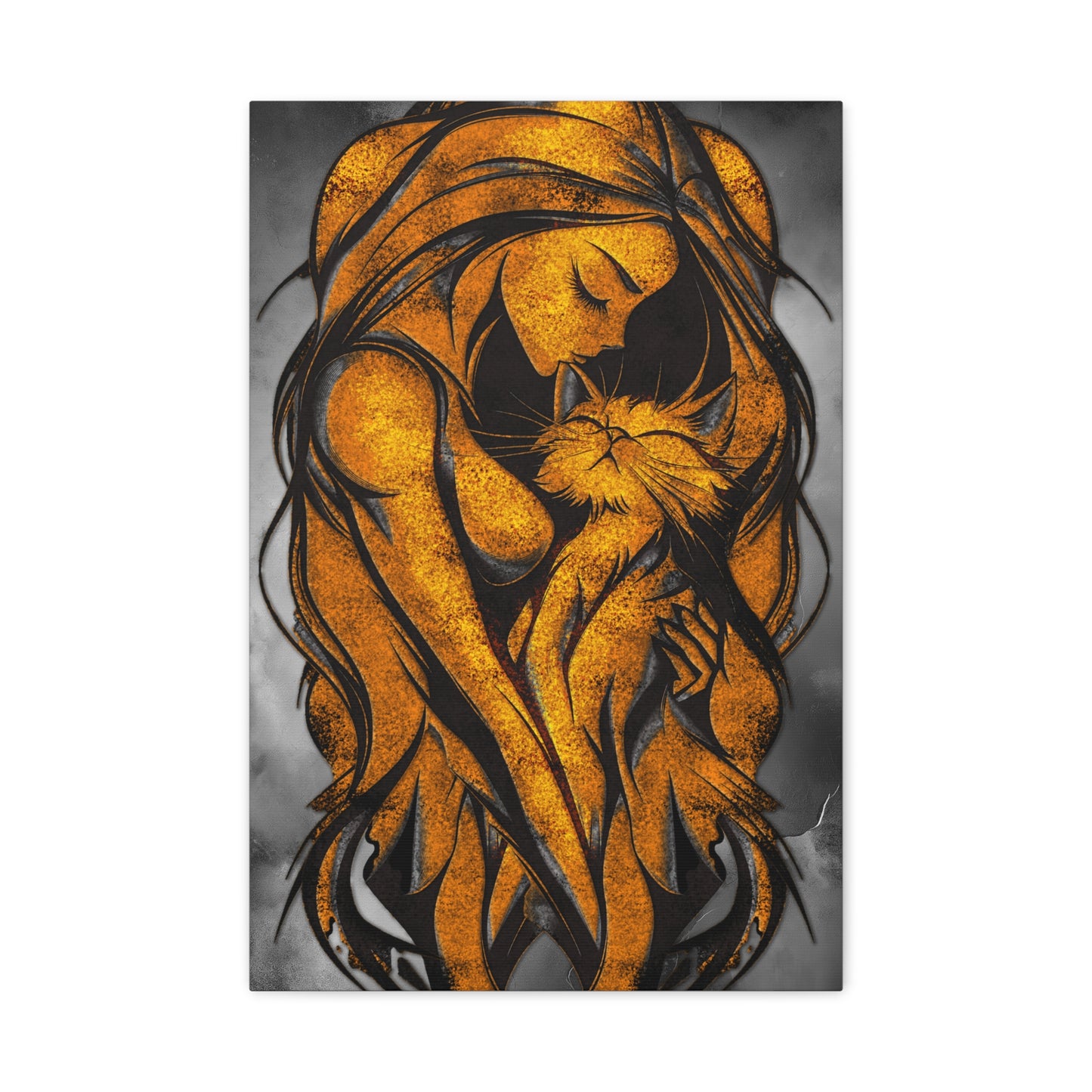 A Vertical Canvas Wall Print, Golden Woman Hugging Cat, Home Decor Wall Art, Matte Print, Stretched Canvas, Gift for Cat Lovers, Wall Decor.