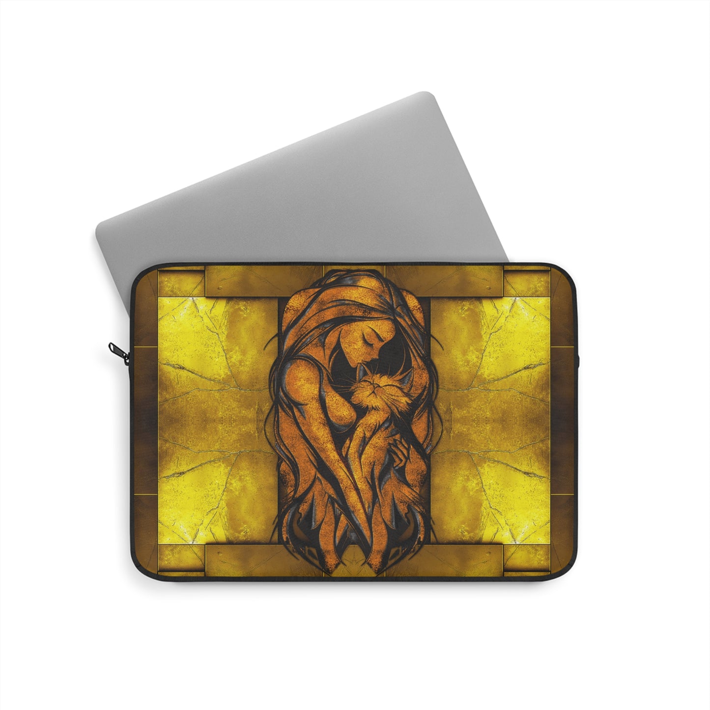 Golden Woman Hugging a Cat Laptop Sleeve - Stylish Tech Accessory, Protective Computer Cover, Cat Lover Gift, Cute Kitty Design, Fashionable
