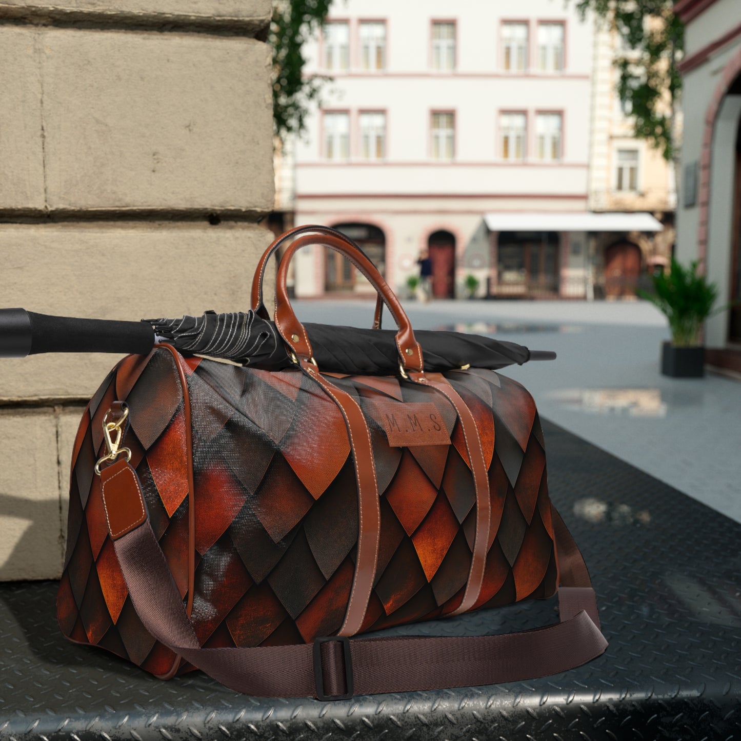 A Custom Plaid Waterproof Travel Bag - Dragon Scale Design.