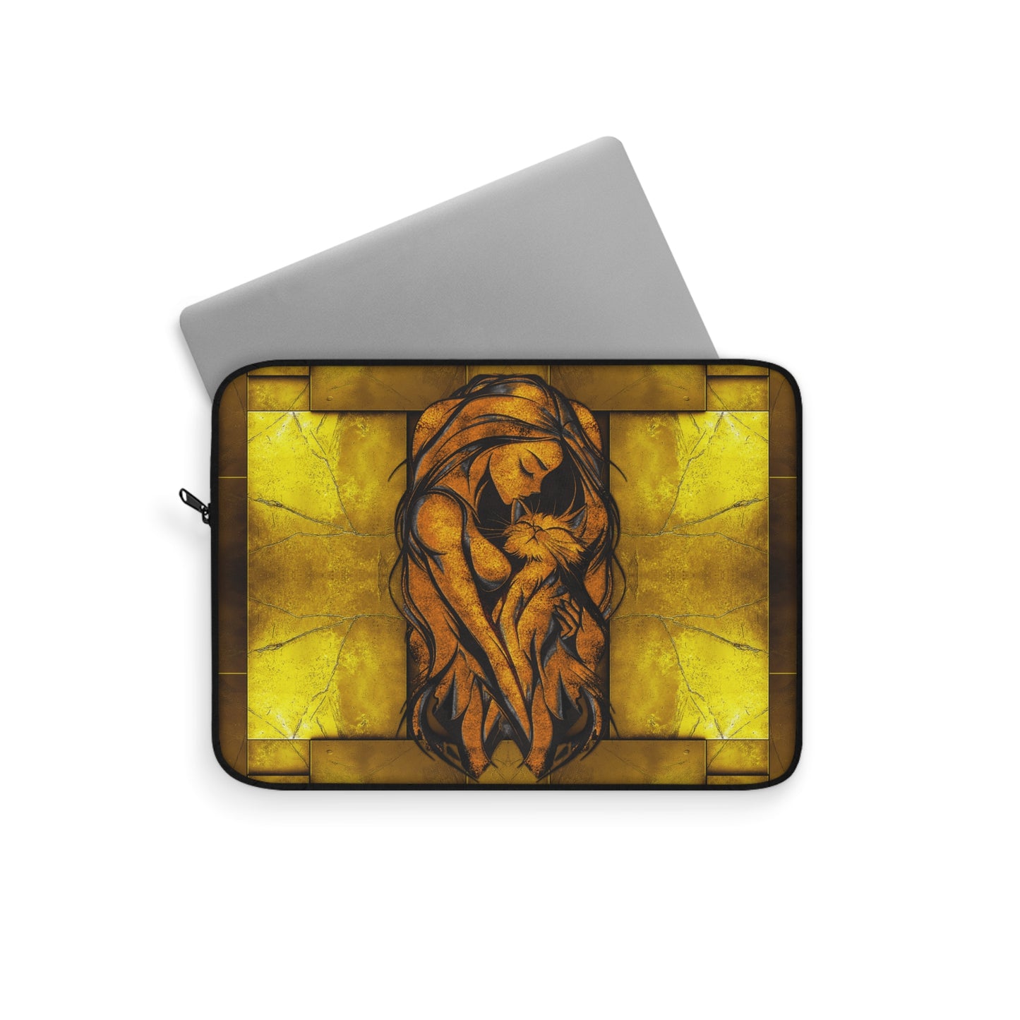 Golden Woman Hugging a Cat Laptop Sleeve - Stylish Tech Accessory, Protective Computer Cover, Cat Lover Gift, Cute Kitty Design, Fashionable