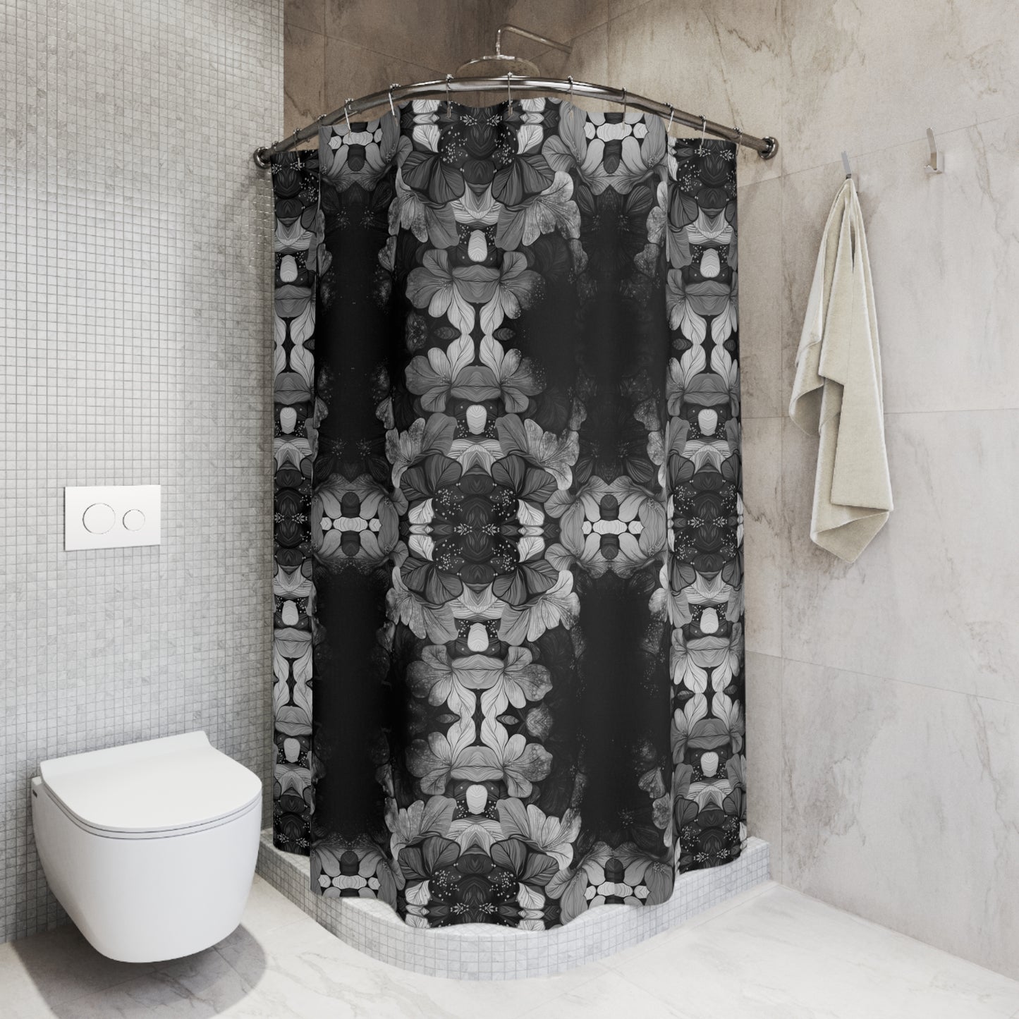 Floral Shower Curtains, Monochrome Bathroom Decor, Botanical Bath Curtain, Nature Home Accessories, Unique Flower Print Washroom Drapery