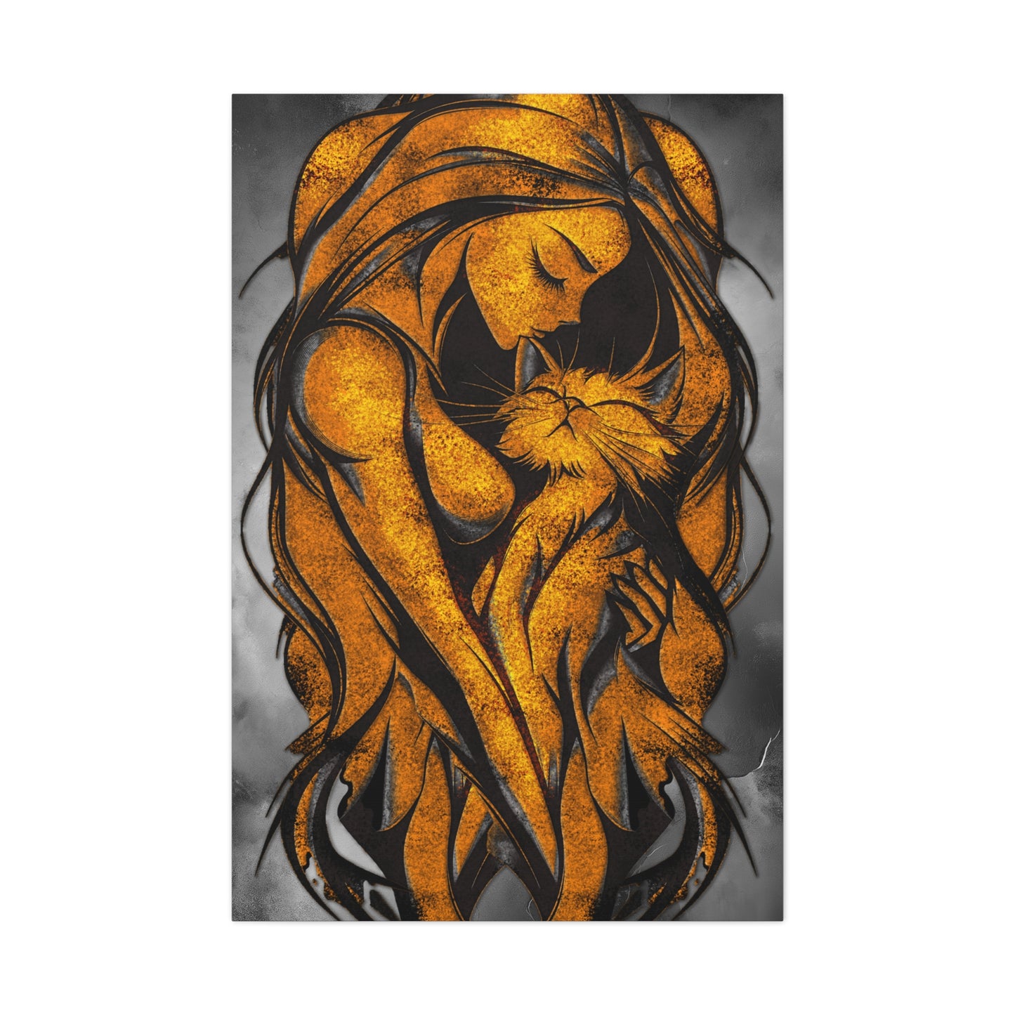 A Vertical Canvas Wall Print, Golden Woman Hugging Cat, Home Decor Wall Art, Matte Print, Stretched Canvas, Gift for Cat Lovers, Wall Decor.