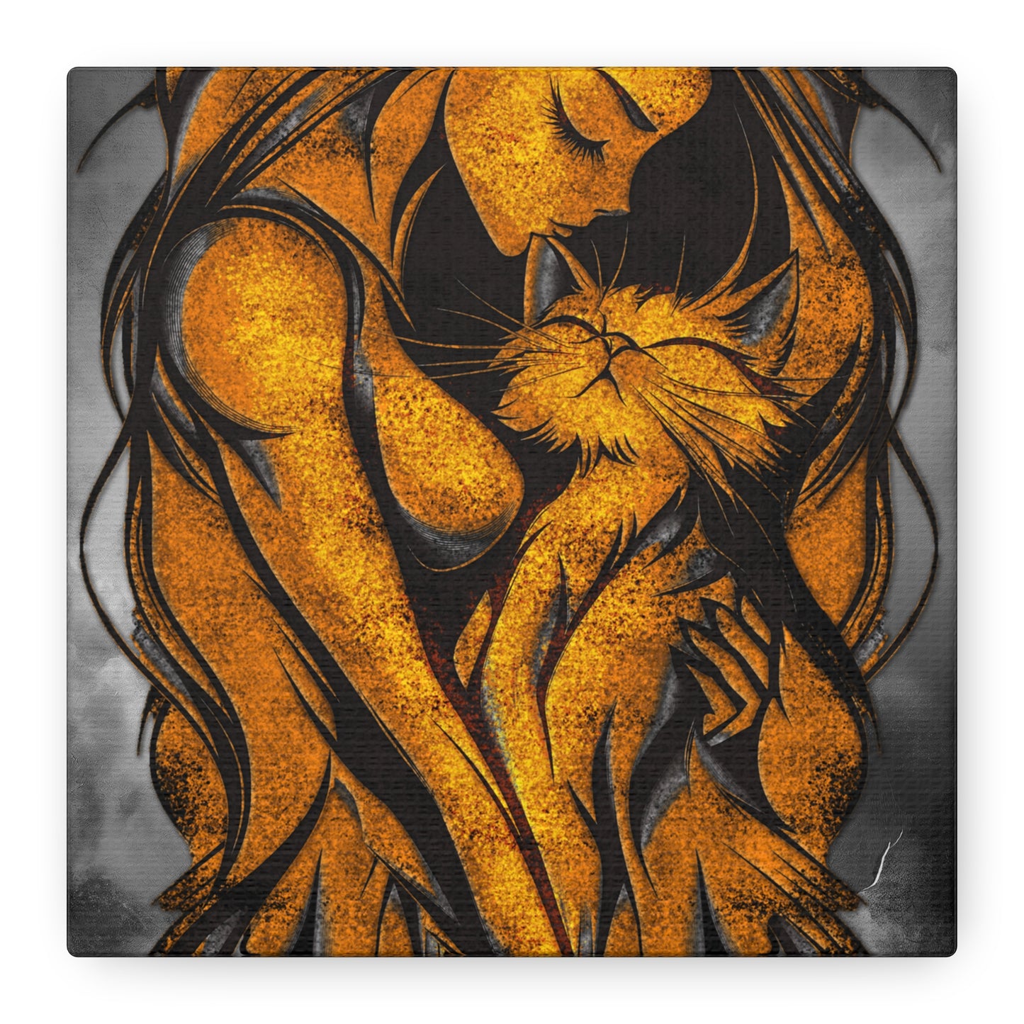 A Vertical Canvas Wall Print, Golden Woman Hugging Cat, Home Decor Wall Art, Matte Print, Stretched Canvas, Gift for Cat Lovers, Wall Decor.