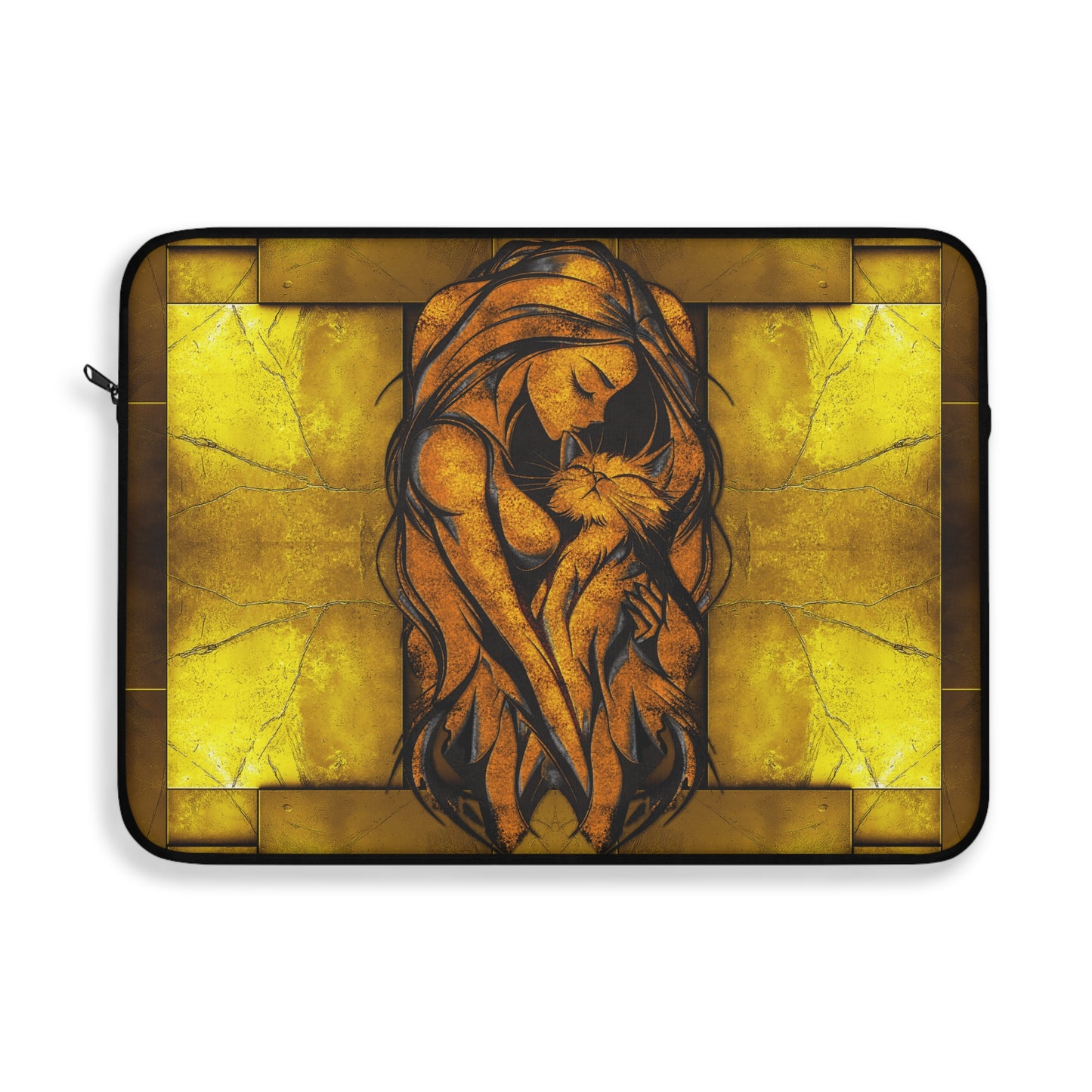 Golden Woman Hugging a Cat Laptop Sleeve - Stylish Tech Accessory, Protective Computer Cover, Cat Lover Gift, Cute Kitty Design, Fashionable