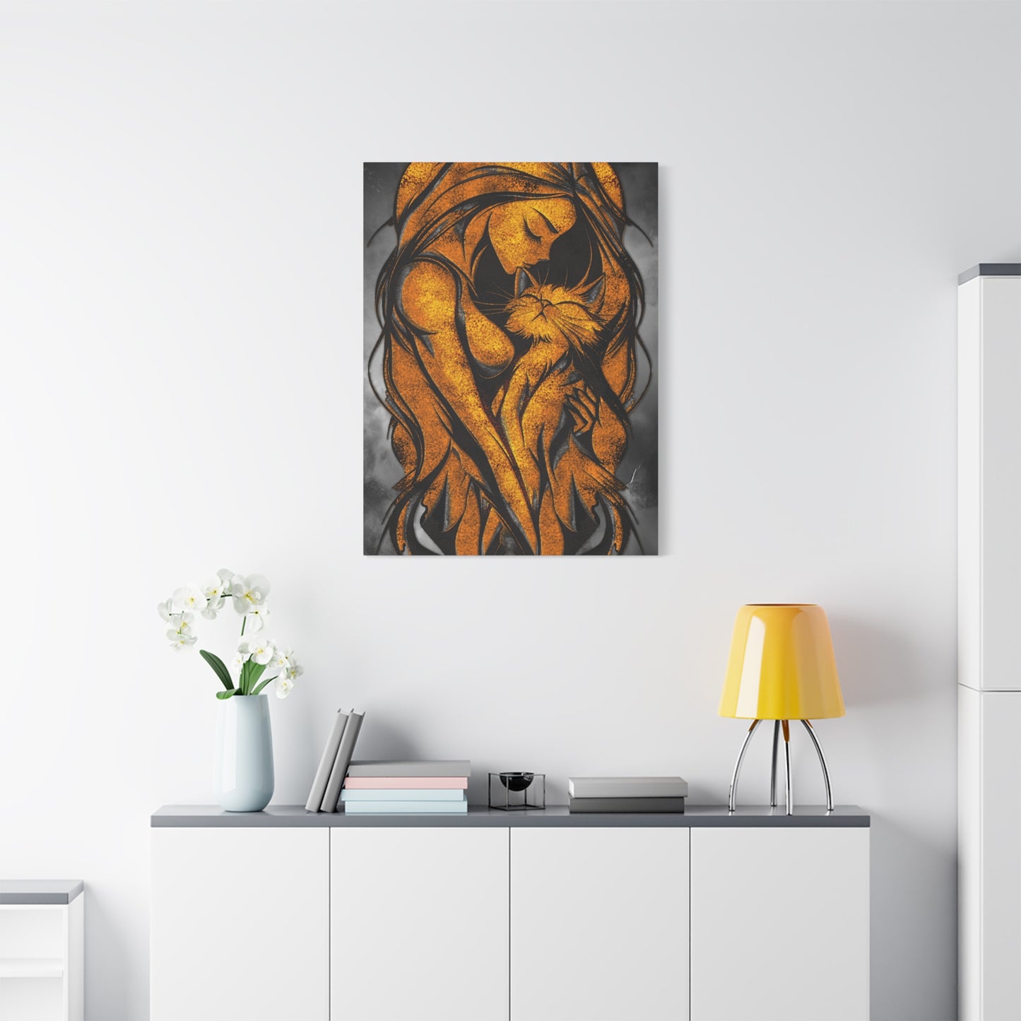 A Vertical Canvas Wall Print, Golden Woman Hugging Cat, Home Decor Wall Art, Matte Print, Stretched Canvas, Gift for Cat Lovers, Wall Decor.
