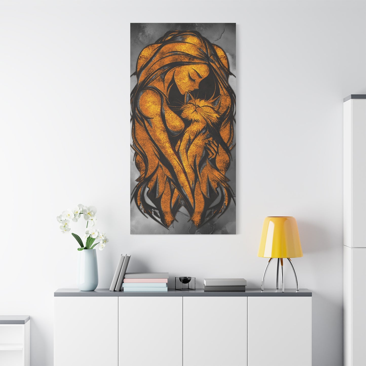 A Vertical Canvas Wall Print, Golden Woman Hugging Cat, Home Decor Wall Art, Matte Print, Stretched Canvas, Gift for Cat Lovers, Wall Decor.