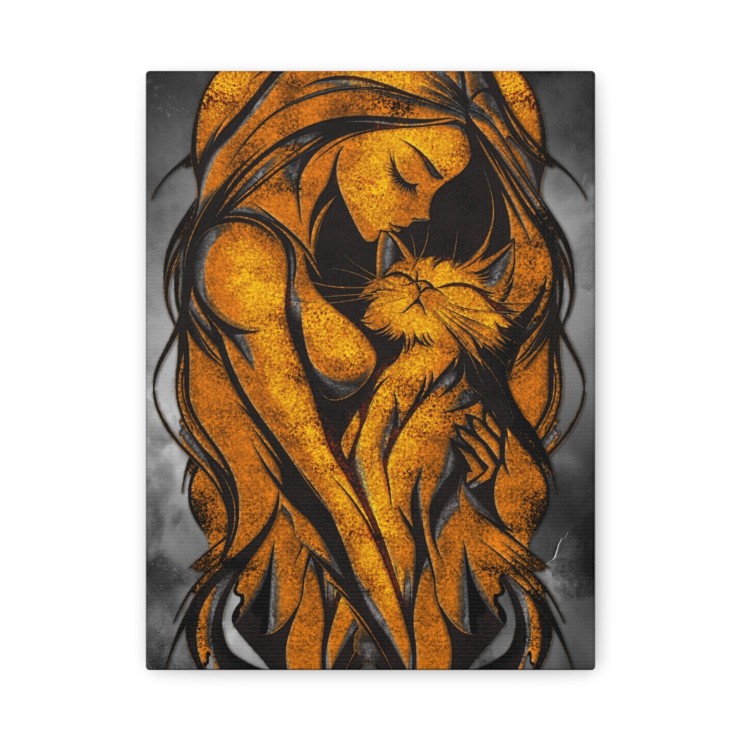 A Vertical Canvas Wall Print, Golden Woman Hugging Cat, Home Decor Wall Art, Matte Print, Stretched Canvas, Gift for Cat Lovers, Wall Decor.