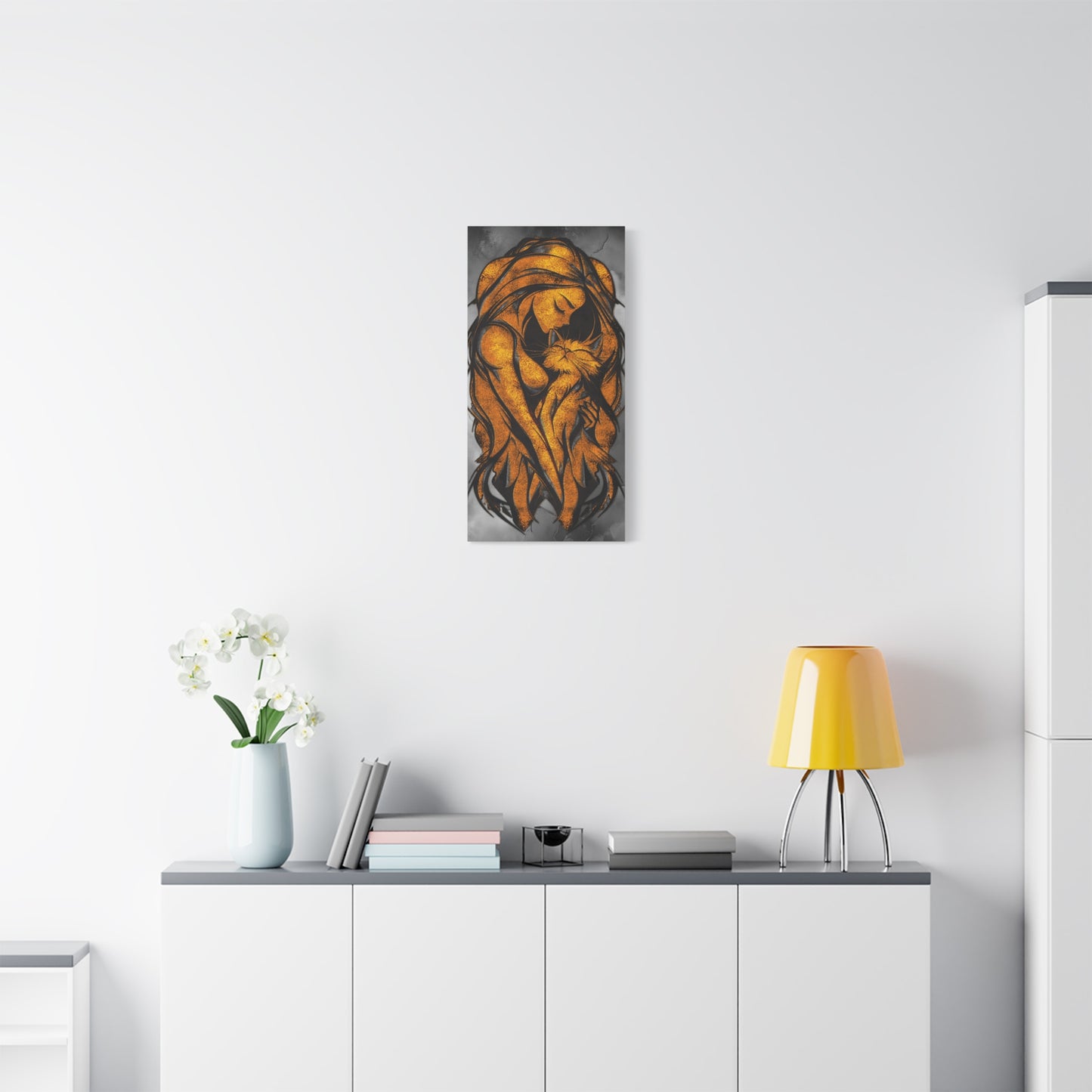 A Vertical Canvas Wall Print, Golden Woman Hugging Cat, Home Decor Wall Art, Matte Print, Stretched Canvas, Gift for Cat Lovers, Wall Decor.
