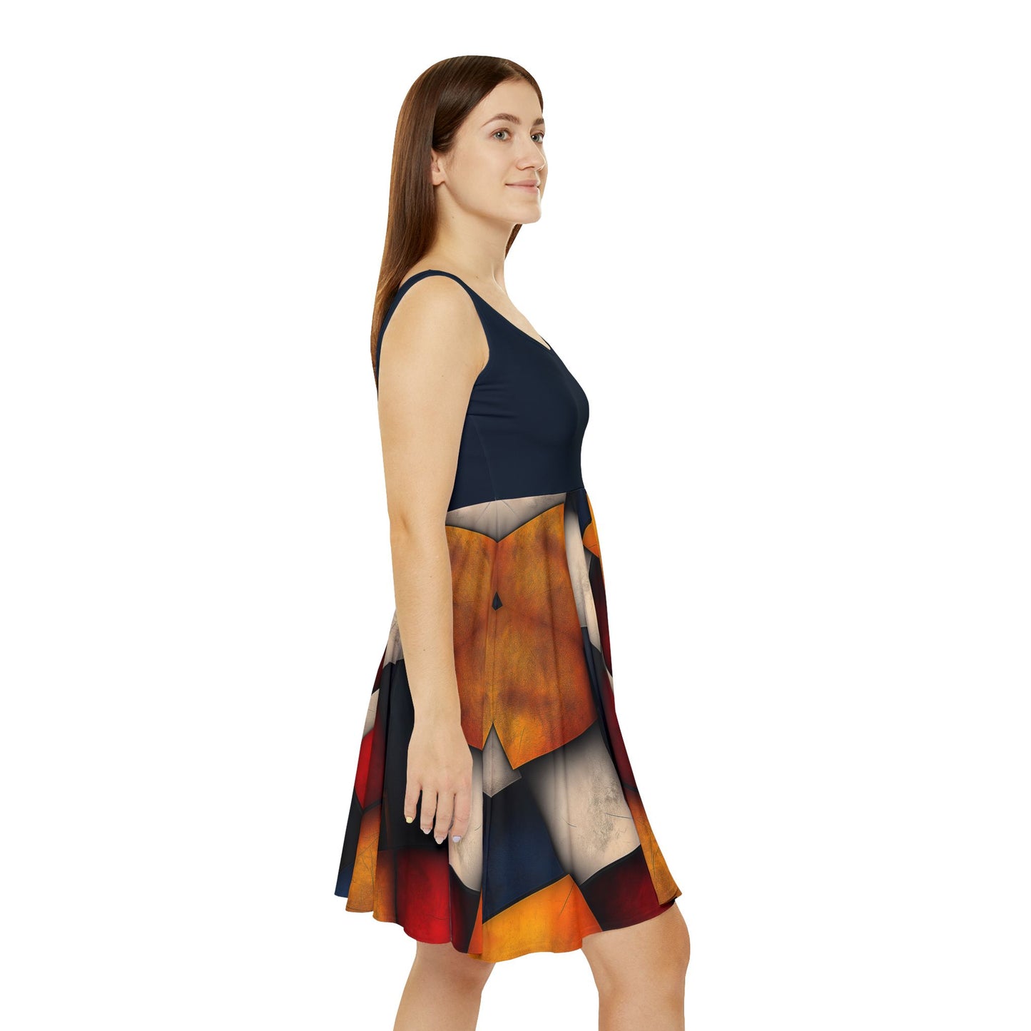 Square Art Women's Navy Skater Dress, Modern Design Clothing Apparel, Stylish A-Line Dress, Contemporary Fashion Outfit.