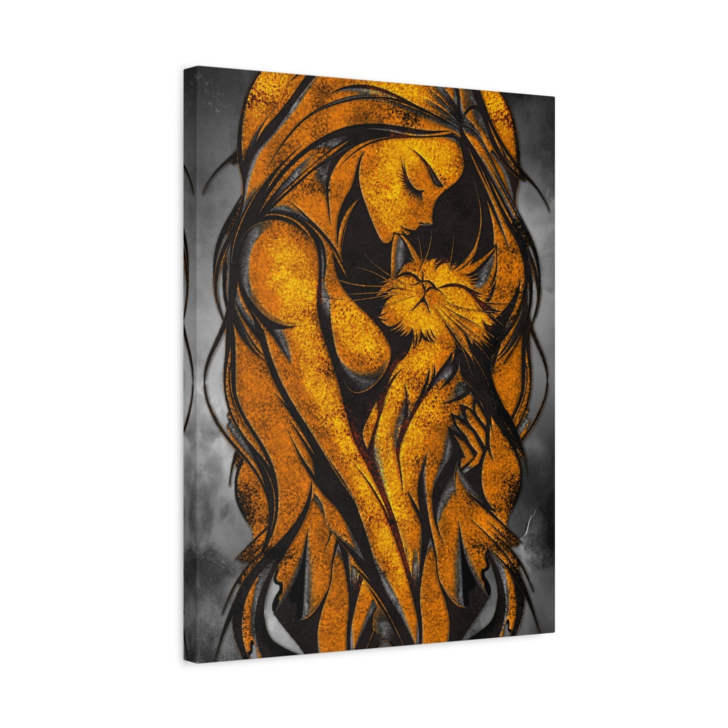 A Vertical Canvas Wall Print, Golden Woman Hugging Cat, Home Decor Wall Art, Matte Print, Stretched Canvas, Gift for Cat Lovers, Wall Decor.