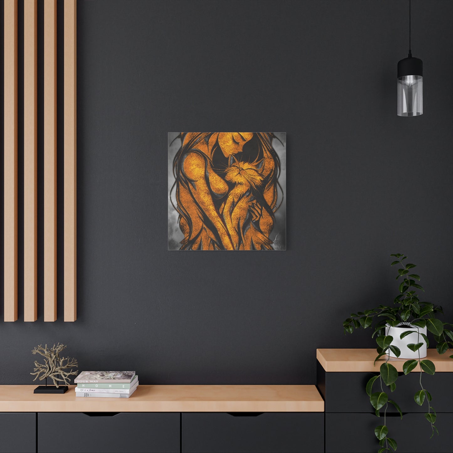 A Vertical Canvas Wall Print, Golden Woman Hugging Cat, Home Decor Wall Art, Matte Print, Stretched Canvas, Gift for Cat Lovers, Wall Decor.