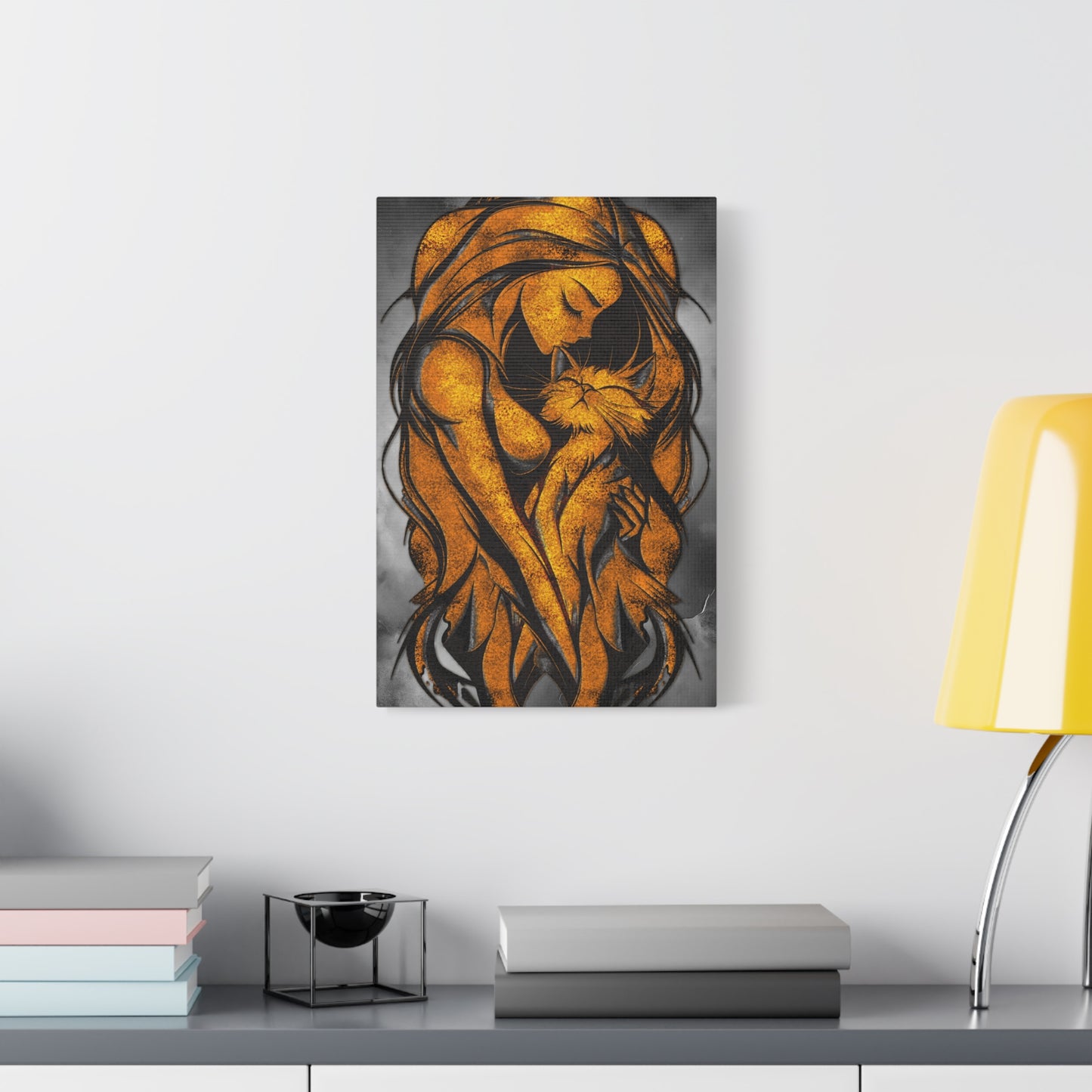 A Vertical Canvas Wall Print, Golden Woman Hugging Cat, Home Decor Wall Art, Matte Print, Stretched Canvas, Gift for Cat Lovers, Wall Decor.