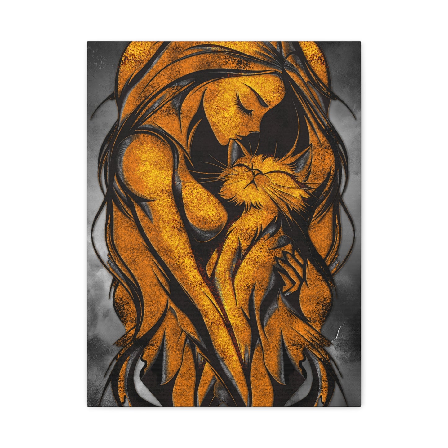 A Vertical Canvas Wall Print, Golden Woman Hugging Cat, Home Decor Wall Art, Matte Print, Stretched Canvas, Gift for Cat Lovers, Wall Decor.