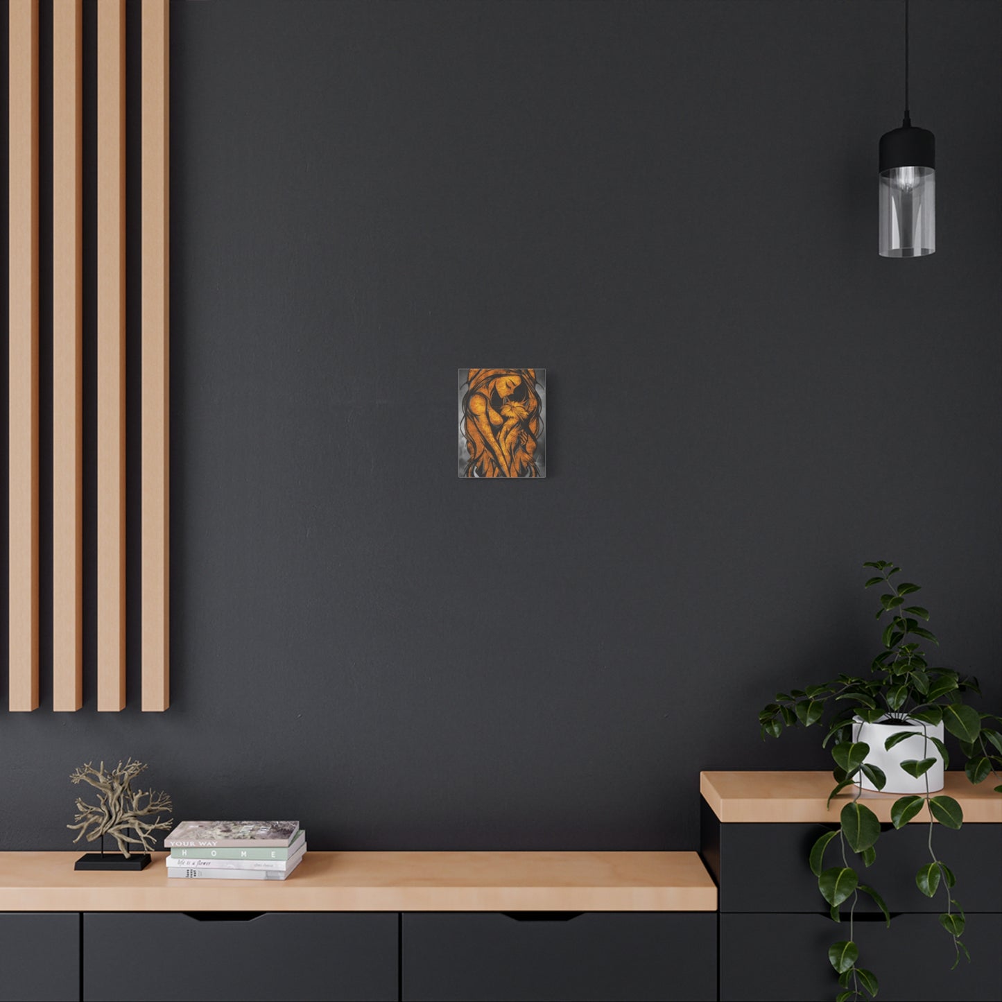 A Vertical Canvas Wall Print, Golden Woman Hugging Cat, Home Decor Wall Art, Matte Print, Stretched Canvas, Gift for Cat Lovers, Wall Decor.