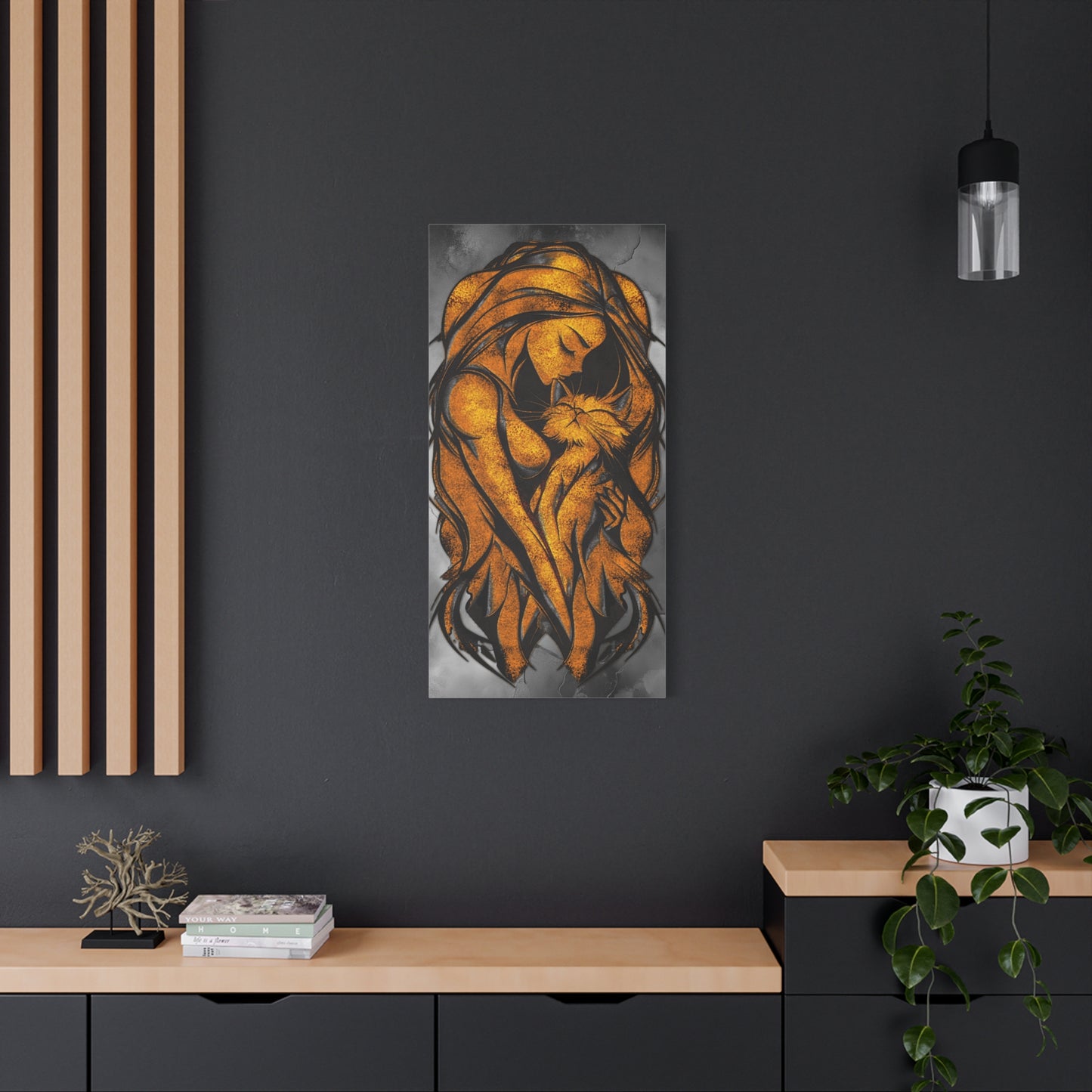 A Vertical Canvas Wall Print, Golden Woman Hugging Cat, Home Decor Wall Art, Matte Print, Stretched Canvas, Gift for Cat Lovers, Wall Decor.