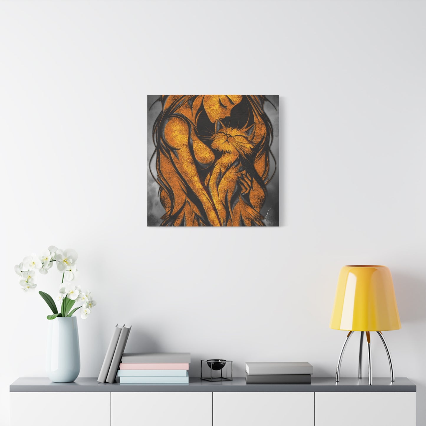 A Vertical Canvas Wall Print, Golden Woman Hugging Cat, Home Decor Wall Art, Matte Print, Stretched Canvas, Gift for Cat Lovers, Wall Decor.