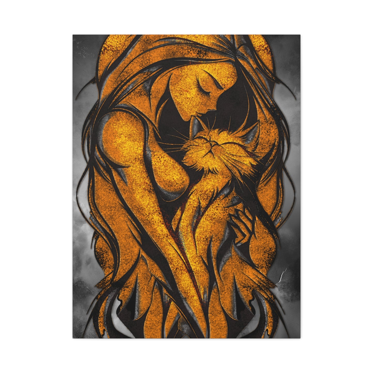 A Vertical Canvas Wall Print, Golden Woman Hugging Cat, Home Decor Wall Art, Matte Print, Stretched Canvas, Gift for Cat Lovers, Wall Decor.