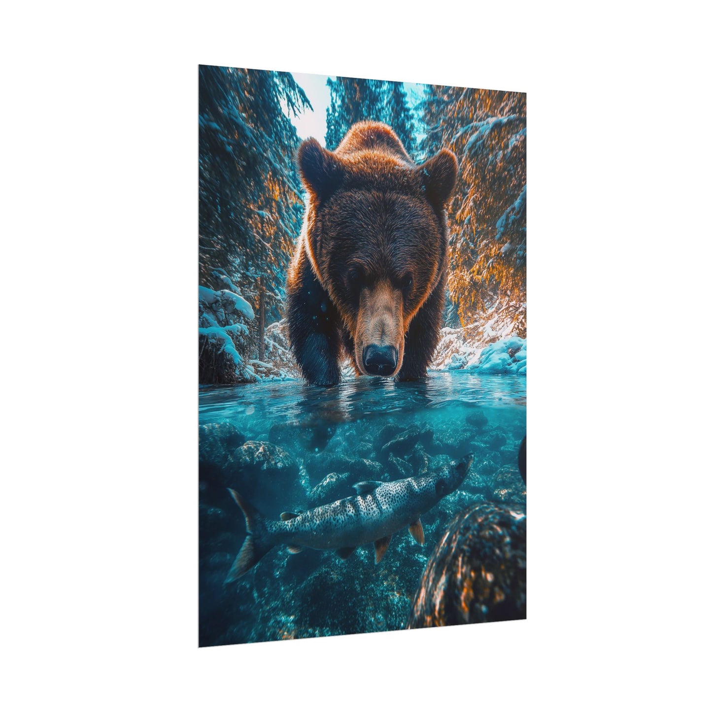 A Vertical Poster Print of - A Bear Fishing in Winter.