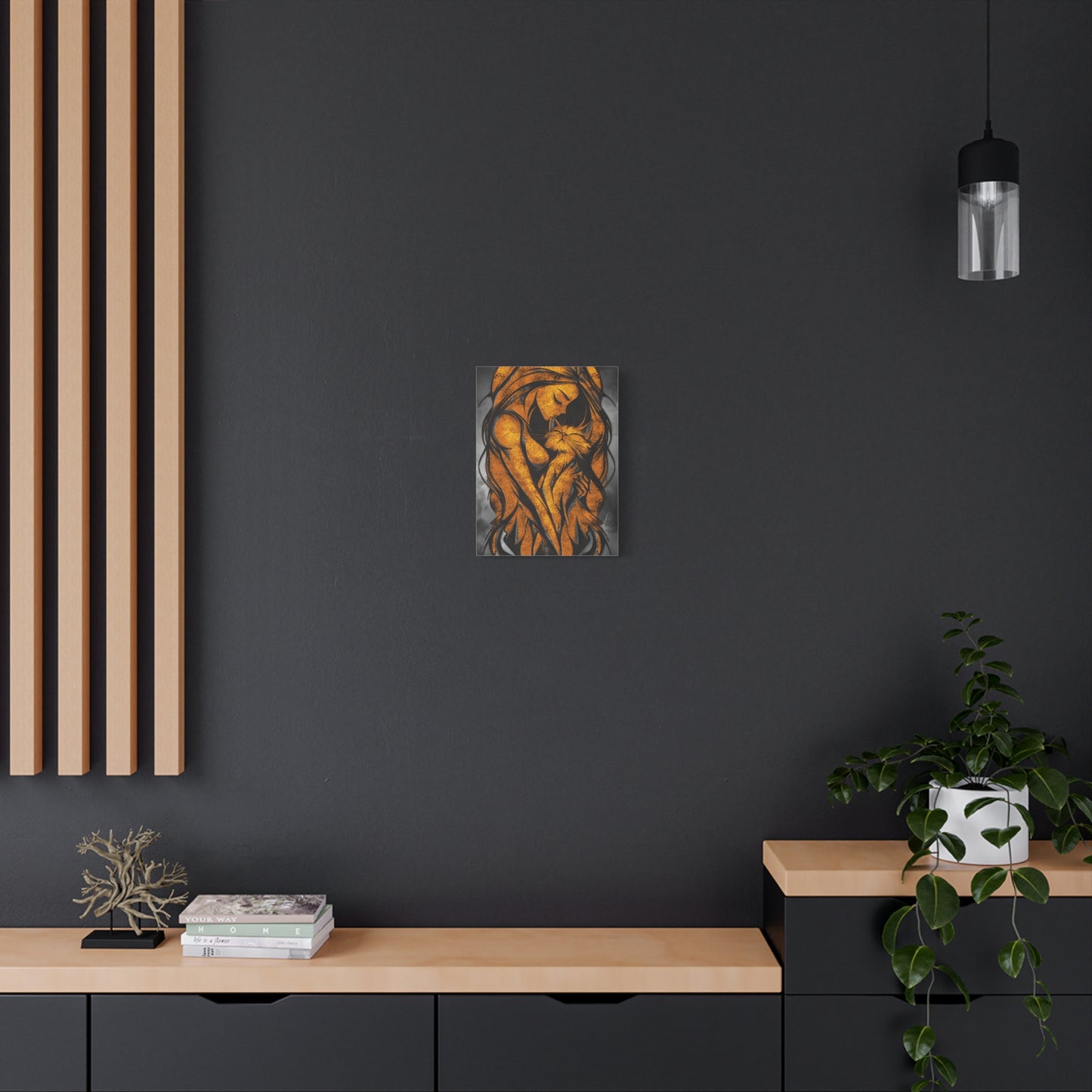 A Vertical Canvas Wall Print, Golden Woman Hugging Cat, Home Decor Wall Art, Matte Print, Stretched Canvas, Gift for Cat Lovers, Wall Decor.