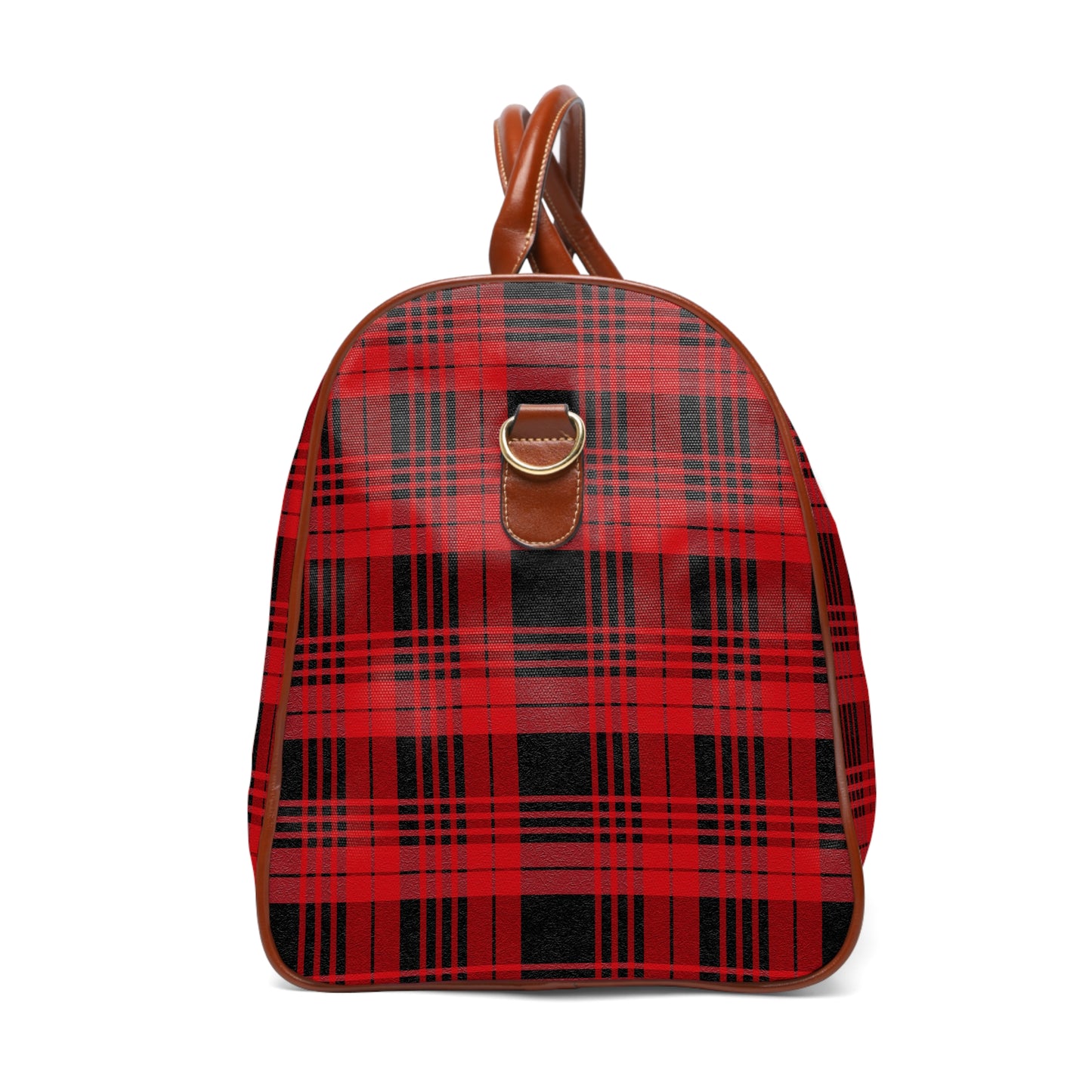 A Custom Plaid Waterproof Travel Bag - Black and Red Plaid Design.