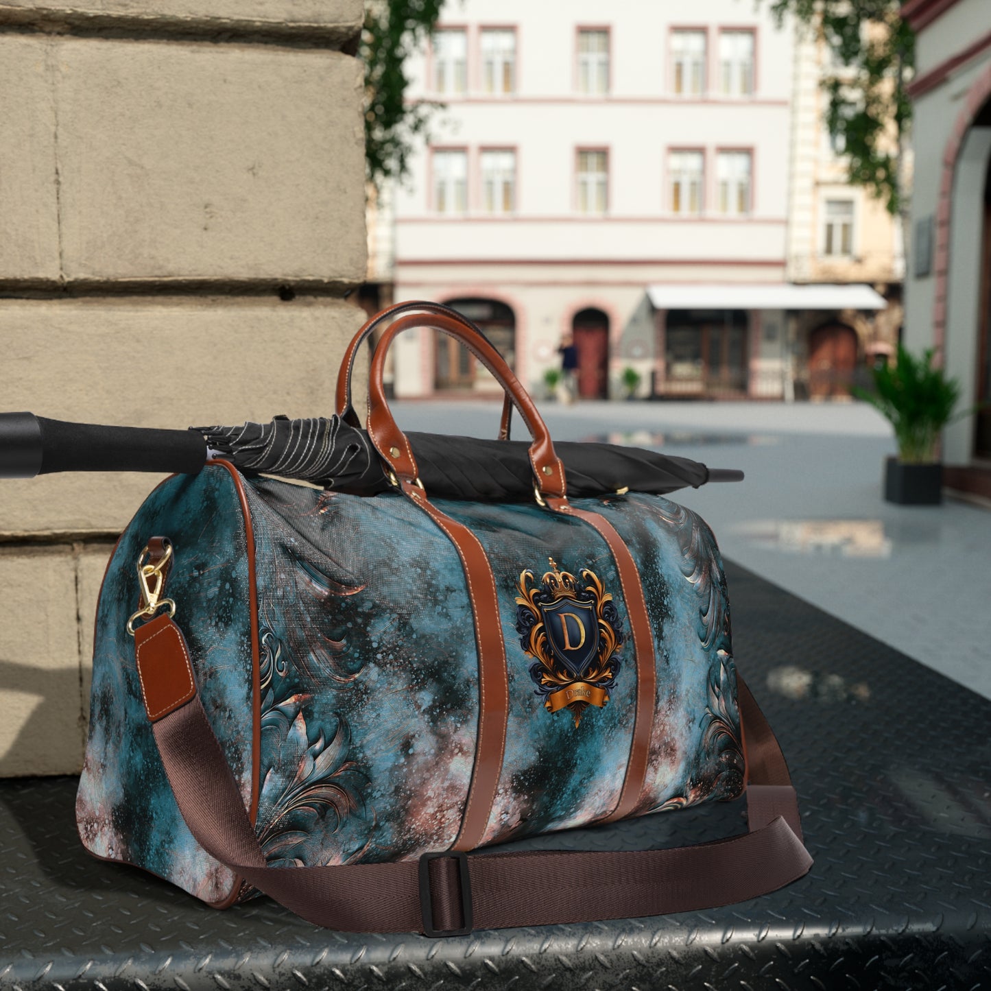 A Custom Plaid Waterproof Travel Bag - Family Crest Design.