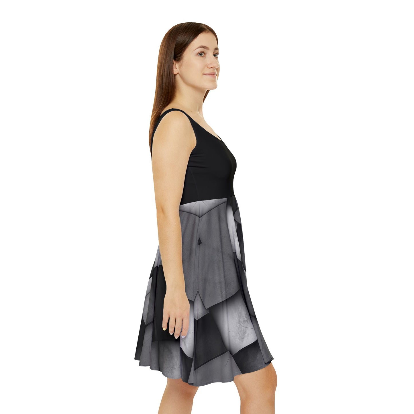 Square Art Women's Skater Dress, Modern Design Clothing Apparel, Stylish A-Line Dress, Contemporary Fashion Outfit, Trendy Geometric Print