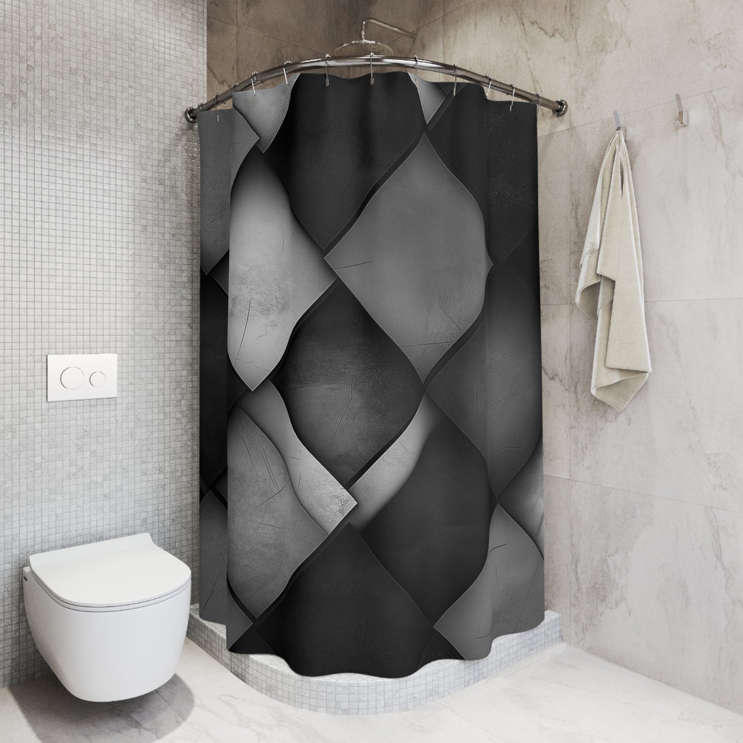 Square design Shower Curtains, Monochrome Bathroom Decor, Unique Print Washroom Drapery.