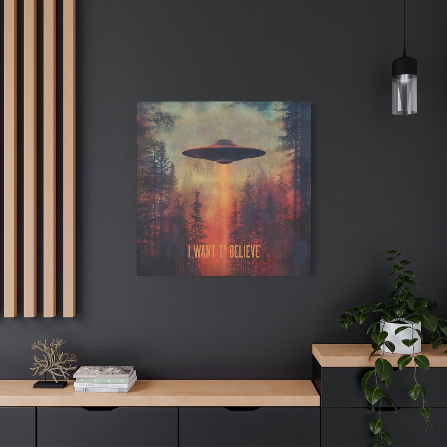 A vertical Canvas Wall Print of - "I Want to Believe" Aliens Sci-Fi Design Theme