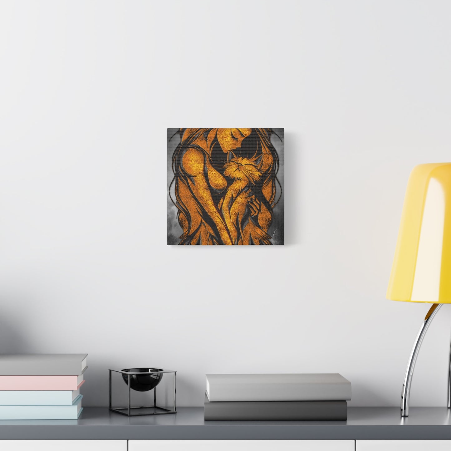 A Vertical Canvas Wall Print, Golden Woman Hugging Cat, Home Decor Wall Art, Matte Print, Stretched Canvas, Gift for Cat Lovers, Wall Decor.