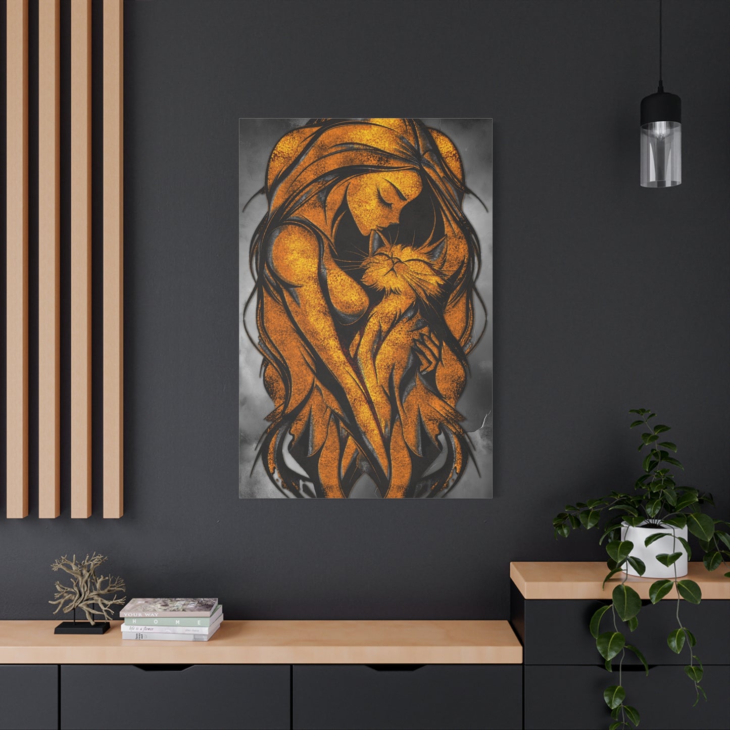 A Vertical Canvas Wall Print, Golden Woman Hugging Cat, Home Decor Wall Art, Matte Print, Stretched Canvas, Gift for Cat Lovers, Wall Decor.