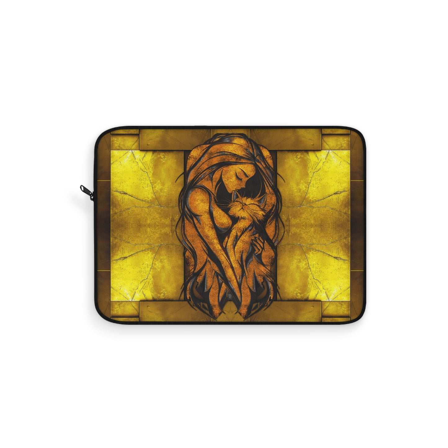 Golden Woman Hugging a Cat Laptop Sleeve - Stylish Tech Accessory, Protective Computer Cover, Cat Lover Gift, Cute Kitty Design, Fashionable