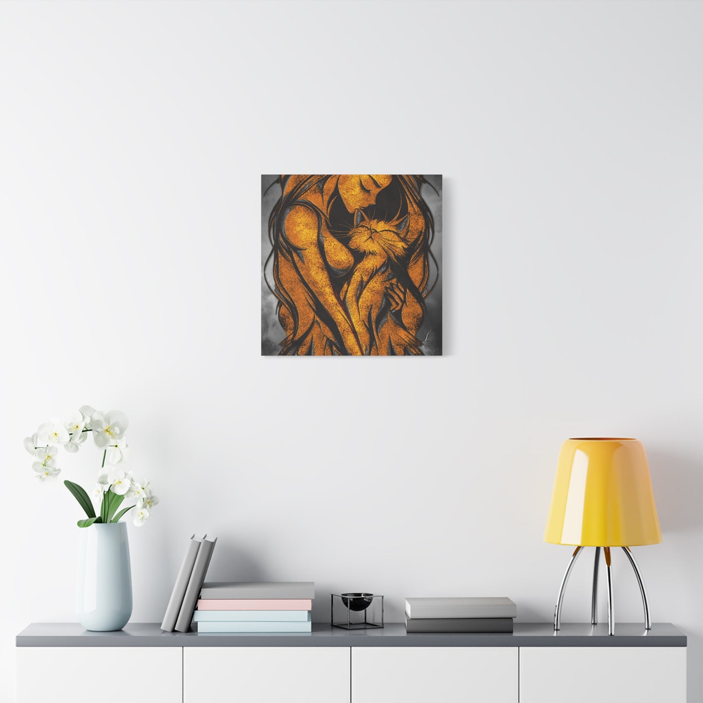 A Vertical Canvas Wall Print, Golden Woman Hugging Cat, Home Decor Wall Art, Matte Print, Stretched Canvas, Gift for Cat Lovers, Wall Decor.