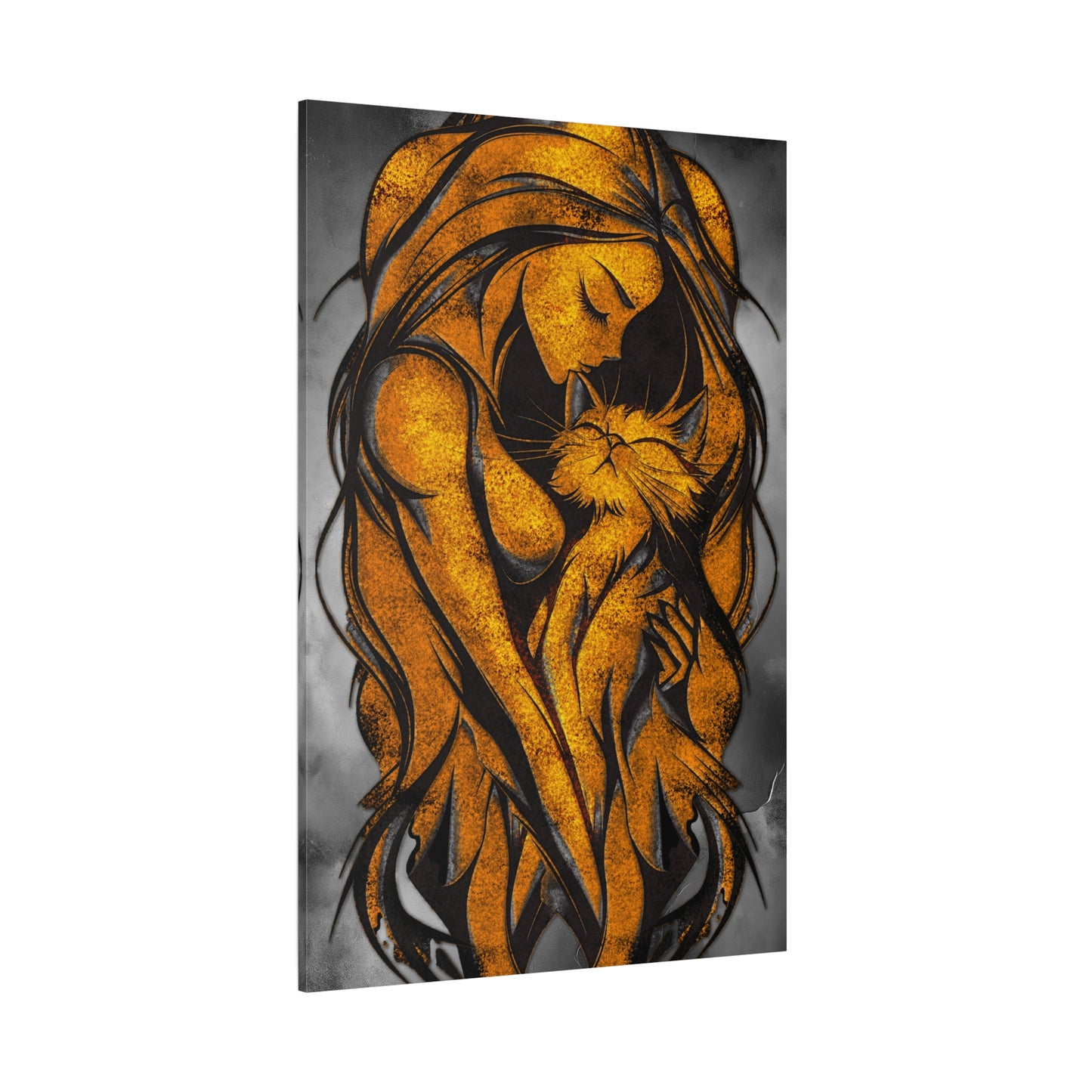 A Vertical Canvas Wall Print, Golden Woman Hugging Cat, Home Decor Wall Art, Matte Print, Stretched Canvas, Gift for Cat Lovers, Wall Decor.