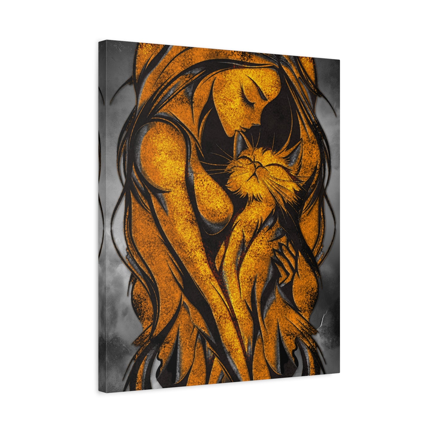 A Vertical Canvas Wall Print, Golden Woman Hugging Cat, Home Decor Wall Art, Matte Print, Stretched Canvas, Gift for Cat Lovers, Wall Decor.