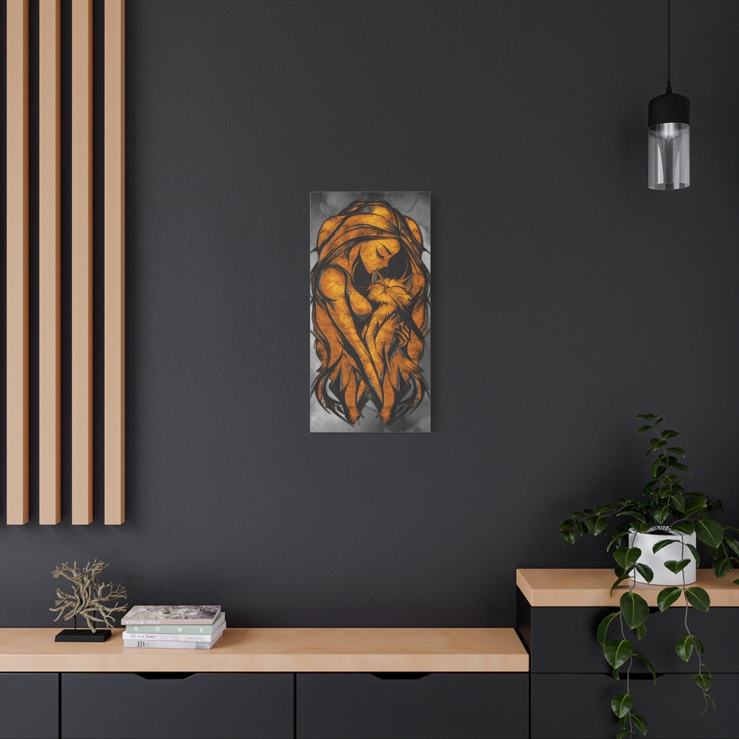 A Vertical Canvas Wall Print, Golden Woman Hugging Cat, Home Decor Wall Art, Matte Print, Stretched Canvas, Gift for Cat Lovers, Wall Decor.