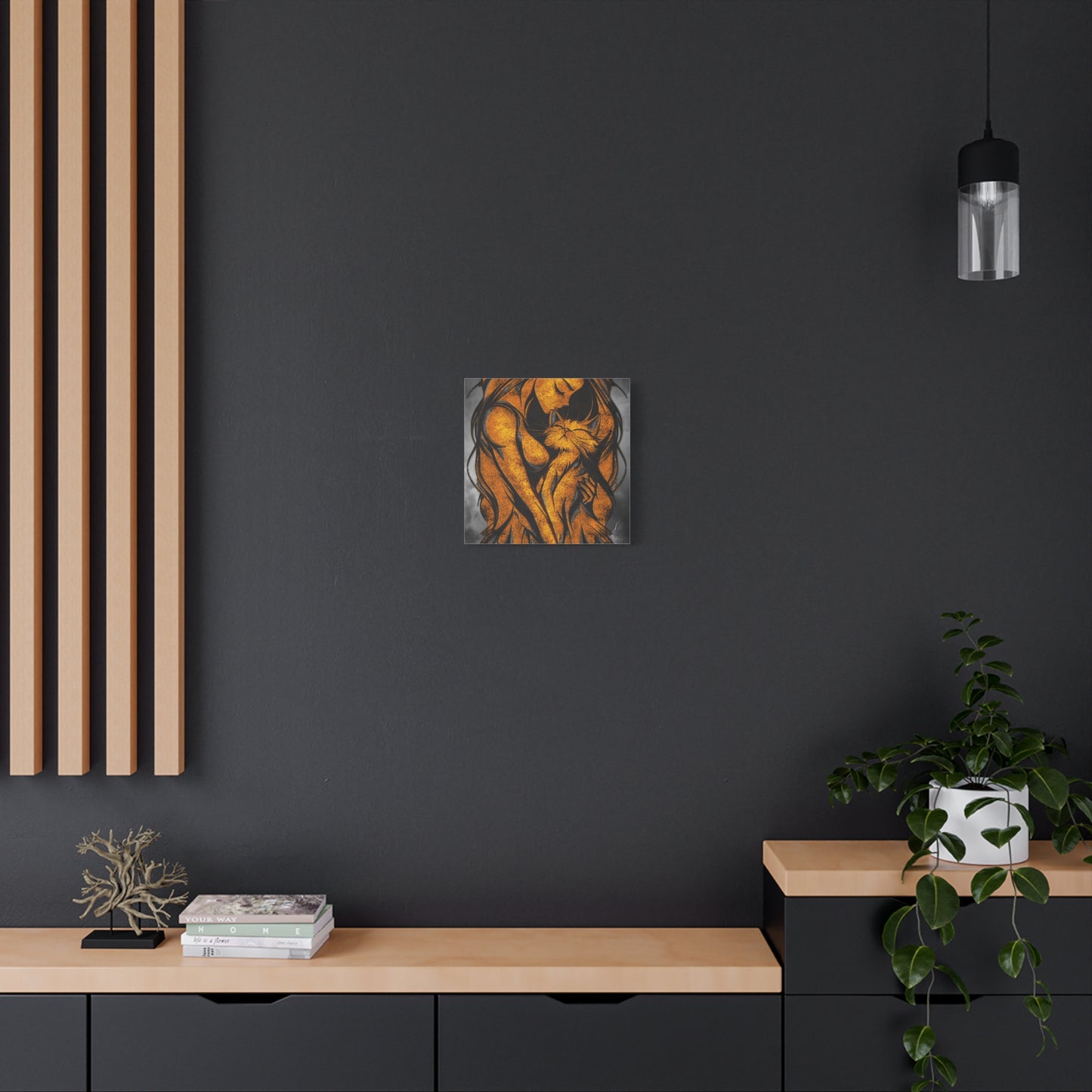 A Vertical Canvas Wall Print, Golden Woman Hugging Cat, Home Decor Wall Art, Matte Print, Stretched Canvas, Gift for Cat Lovers, Wall Decor.