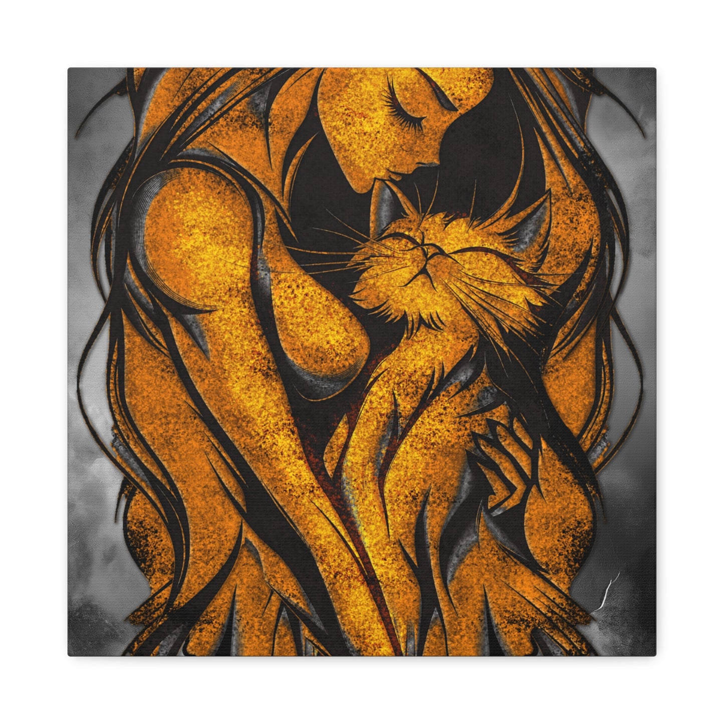 A Vertical Canvas Wall Print, Golden Woman Hugging Cat, Home Decor Wall Art, Matte Print, Stretched Canvas, Gift for Cat Lovers, Wall Decor.