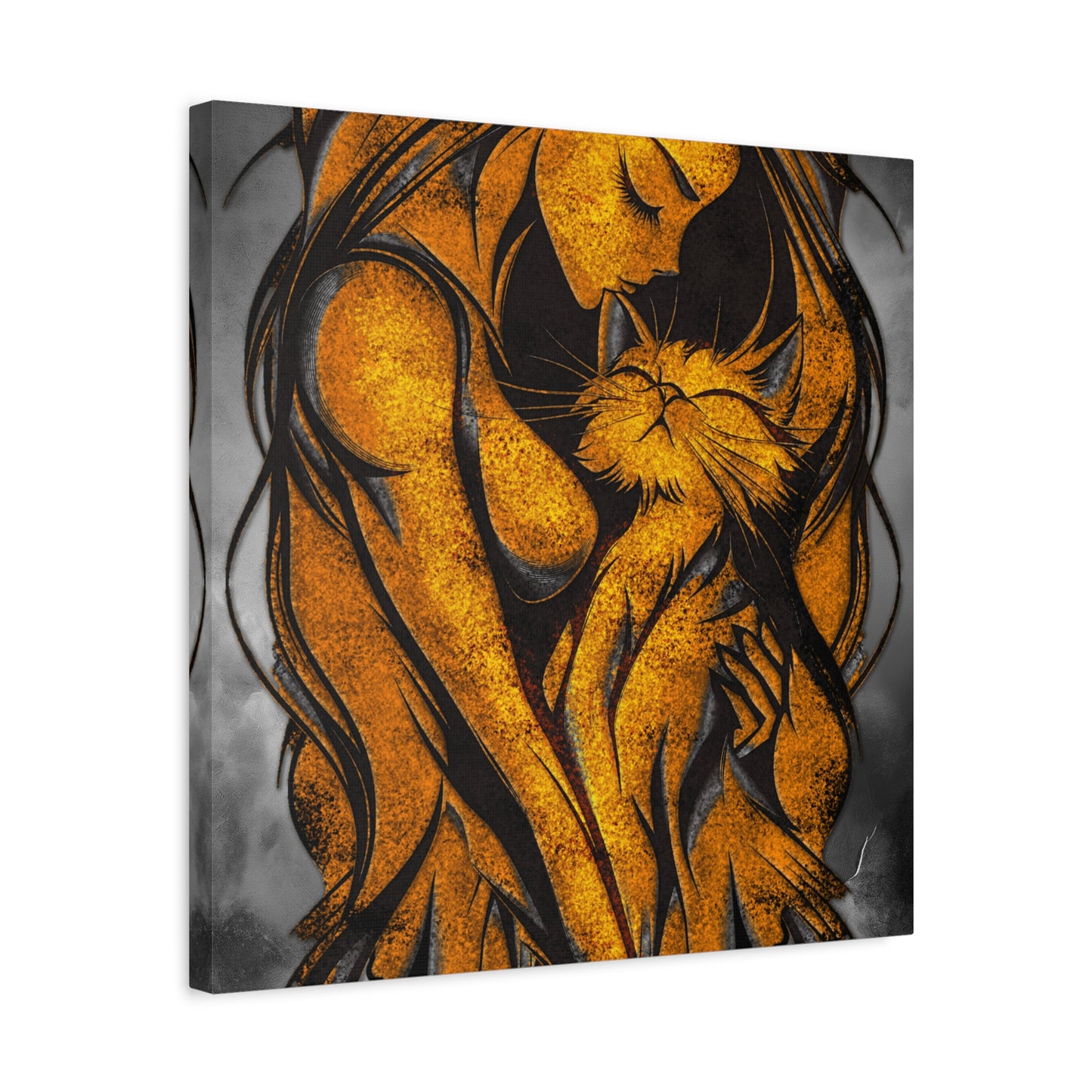 A Vertical Canvas Wall Print, Golden Woman Hugging Cat, Home Decor Wall Art, Matte Print, Stretched Canvas, Gift for Cat Lovers, Wall Decor.