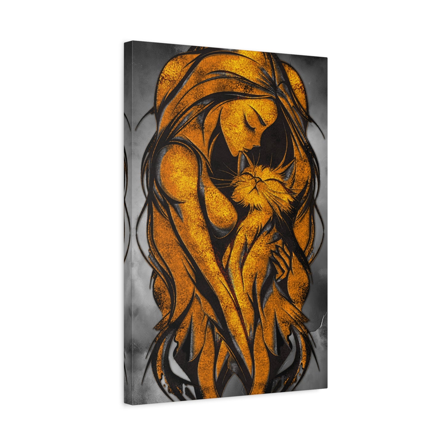 A Vertical Canvas Wall Print, Golden Woman Hugging Cat, Home Decor Wall Art, Matte Print, Stretched Canvas, Gift for Cat Lovers, Wall Decor.