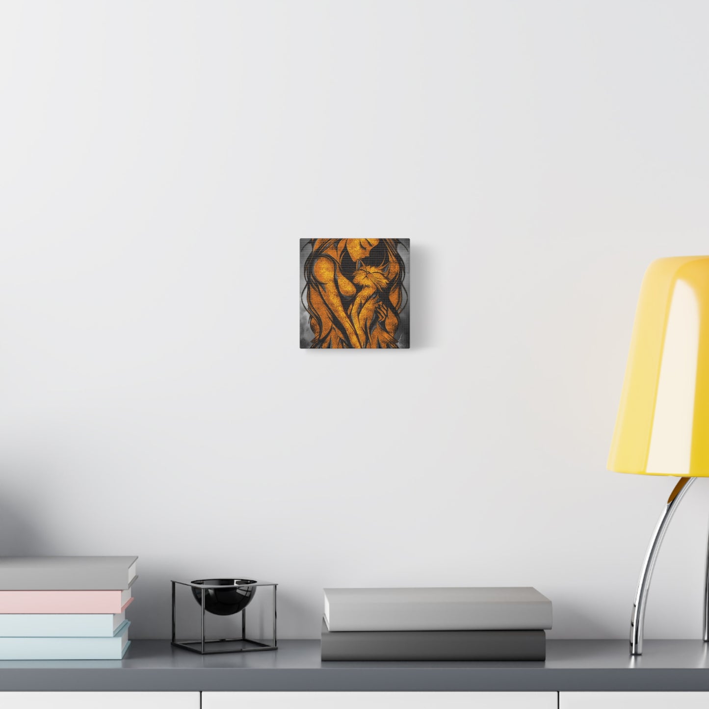 A Vertical Canvas Wall Print, Golden Woman Hugging Cat, Home Decor Wall Art, Matte Print, Stretched Canvas, Gift for Cat Lovers, Wall Decor.