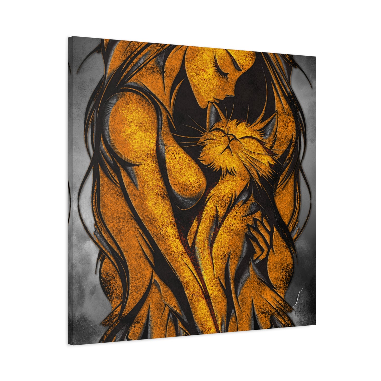 A Vertical Canvas Wall Print, Golden Woman Hugging Cat, Home Decor Wall Art, Matte Print, Stretched Canvas, Gift for Cat Lovers, Wall Decor.