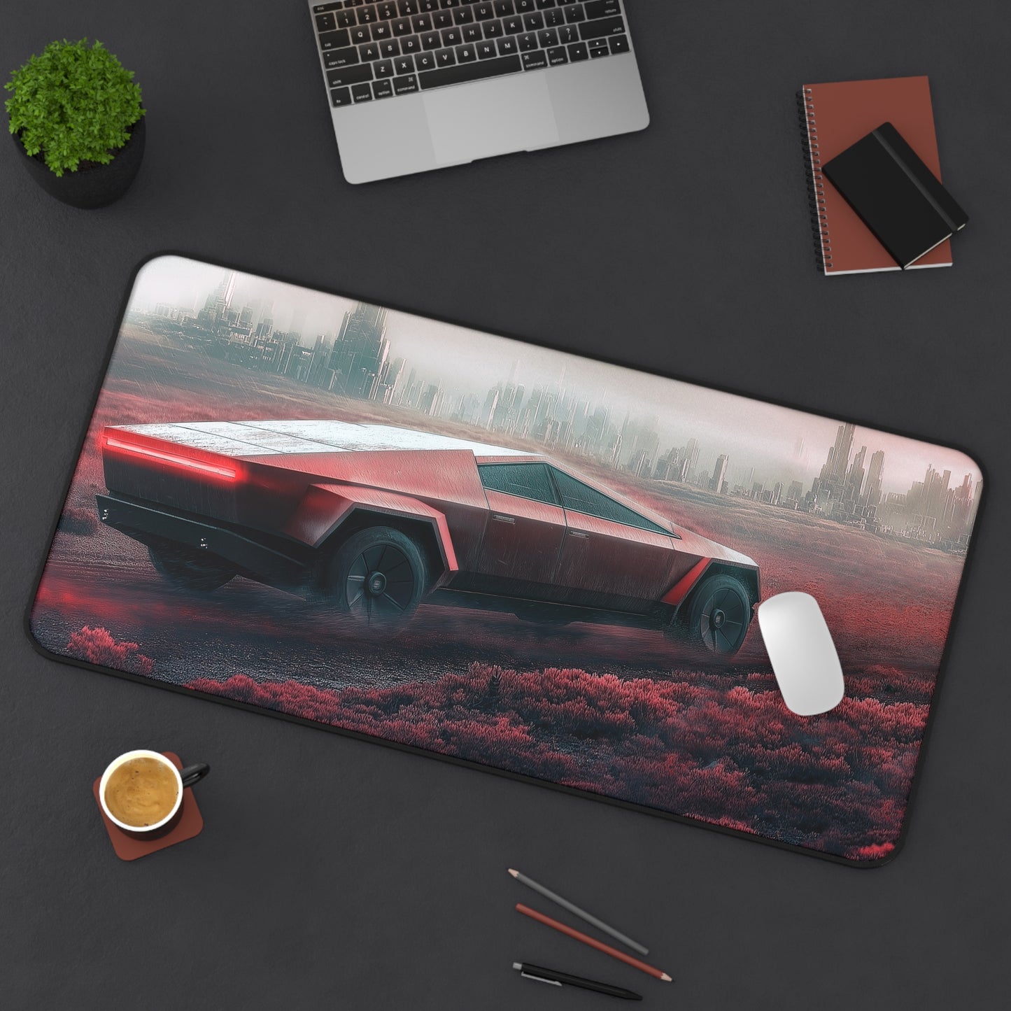 Desk Mat - Futuristic Electric Car Speeding on a Red Planet, Desk Protector, Mouse Pad, Gaming Mouse Pad, Perfect for Home Office.